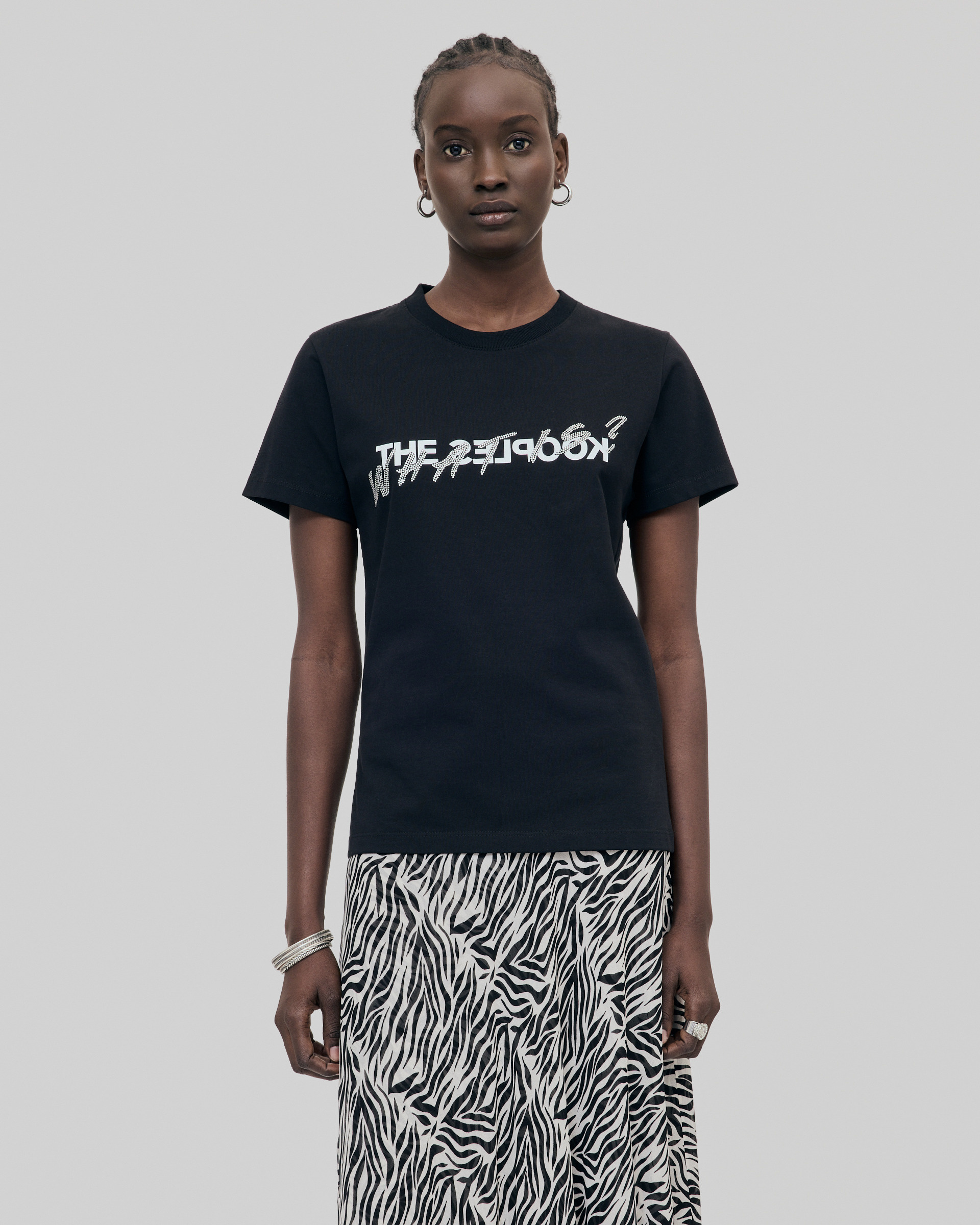 'What Is' T-shirt with black rhinestones