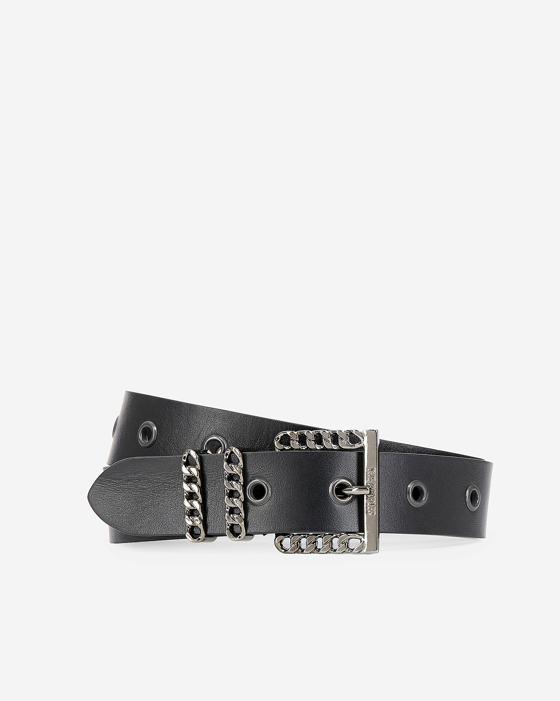 Leather belt with black chain buckle