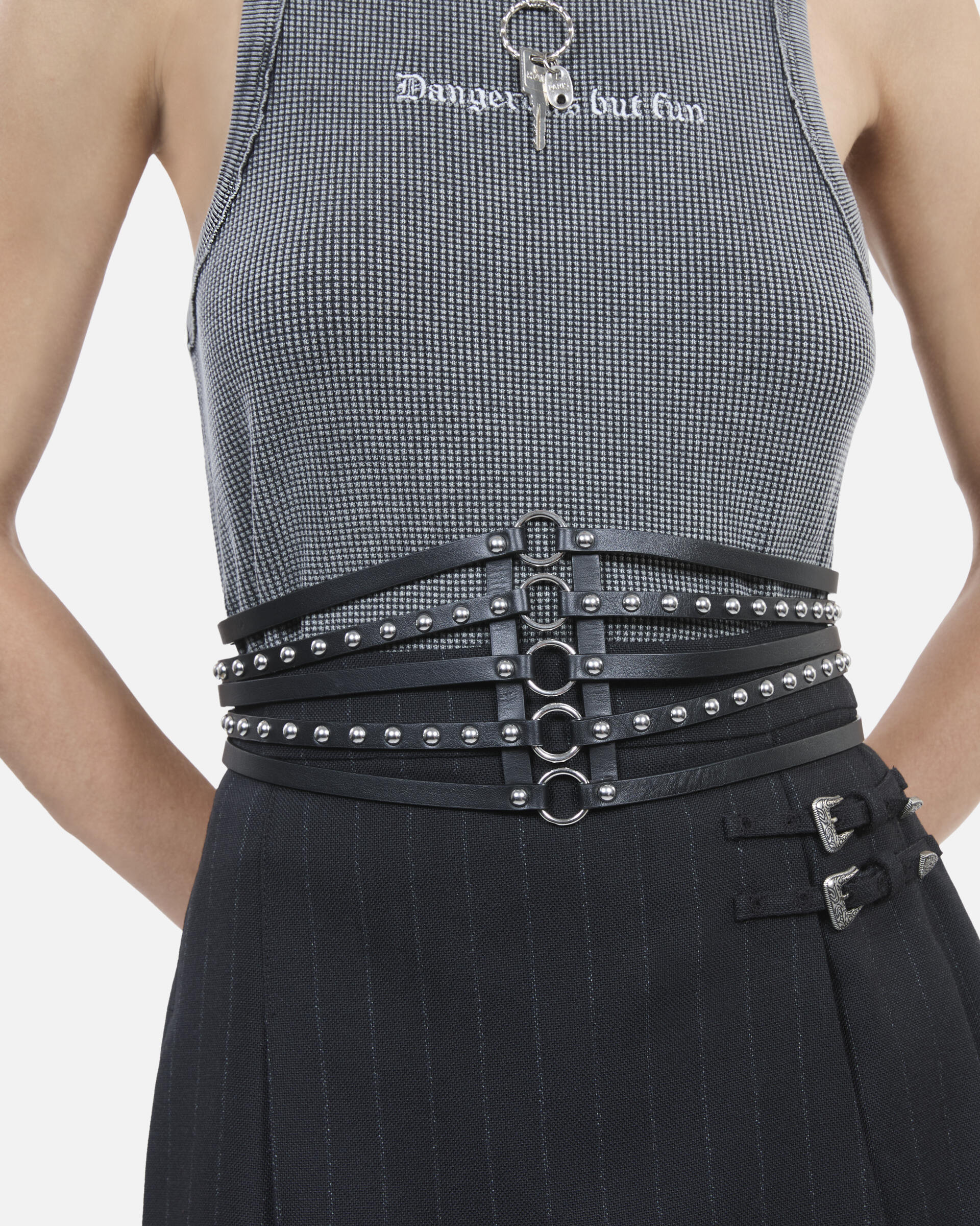 Black leather corset belt with studs
