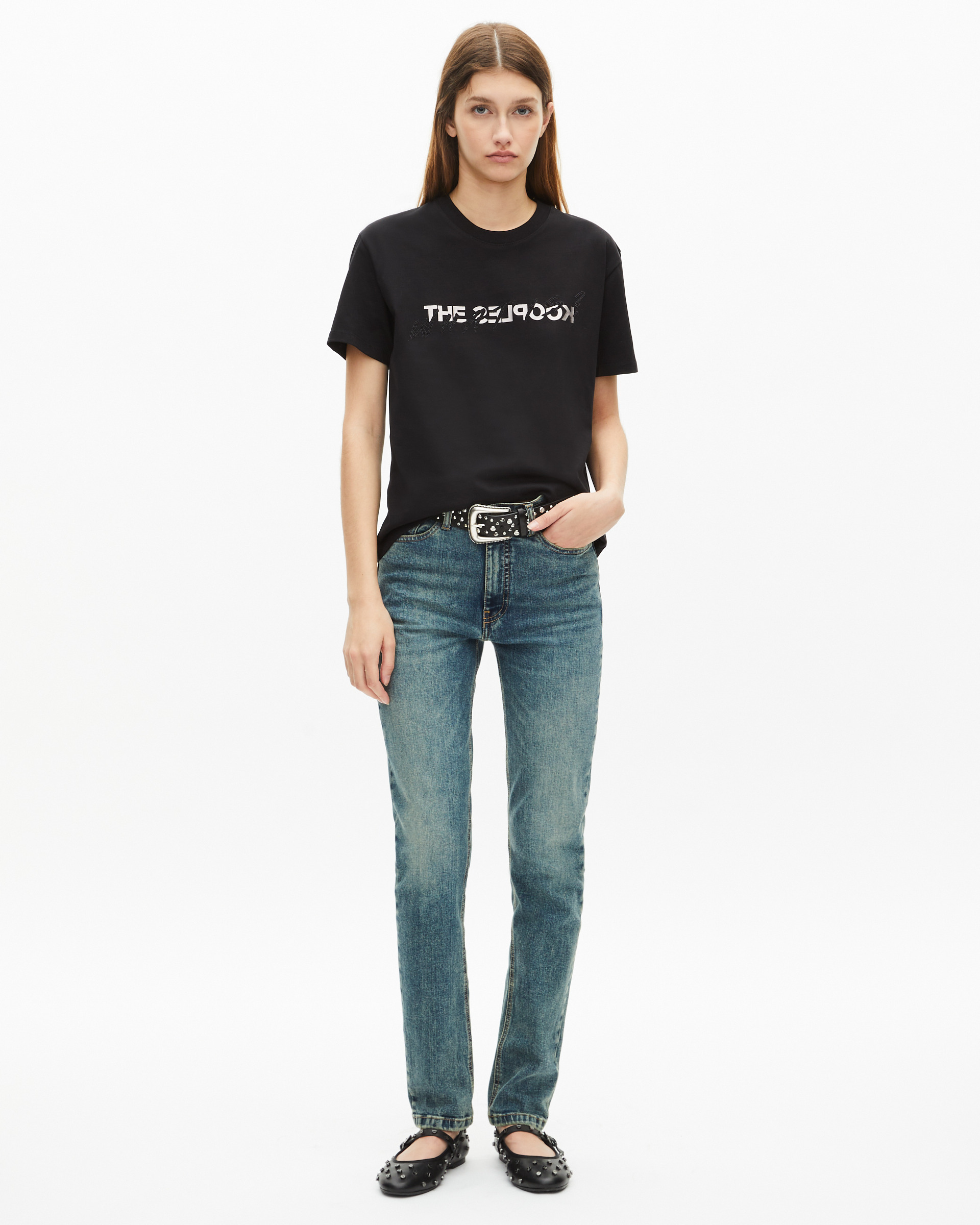 'What Is' T-shirt with black rhinestones
