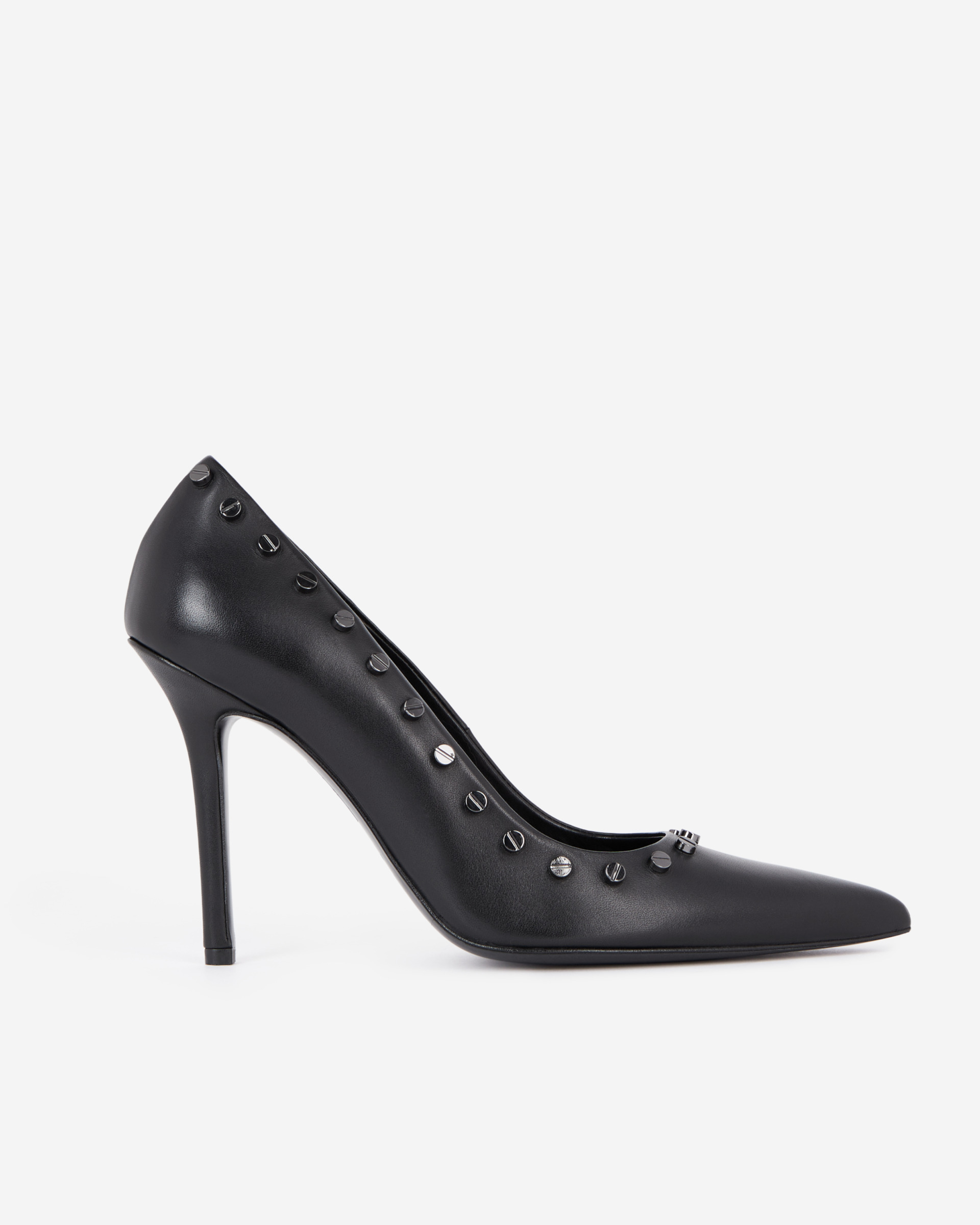 Black leather studded heeled pumps