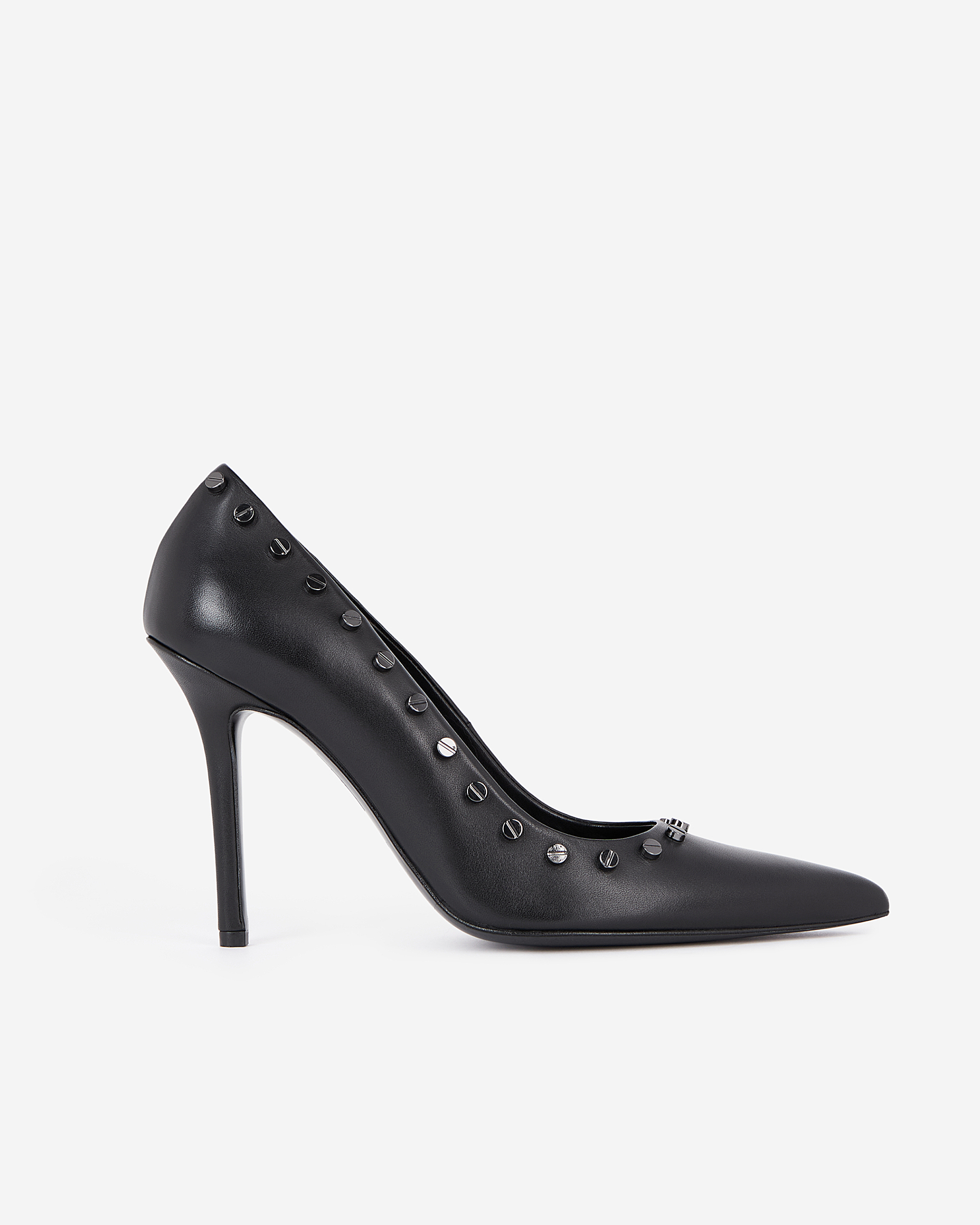 Black leather studded heeled pumps