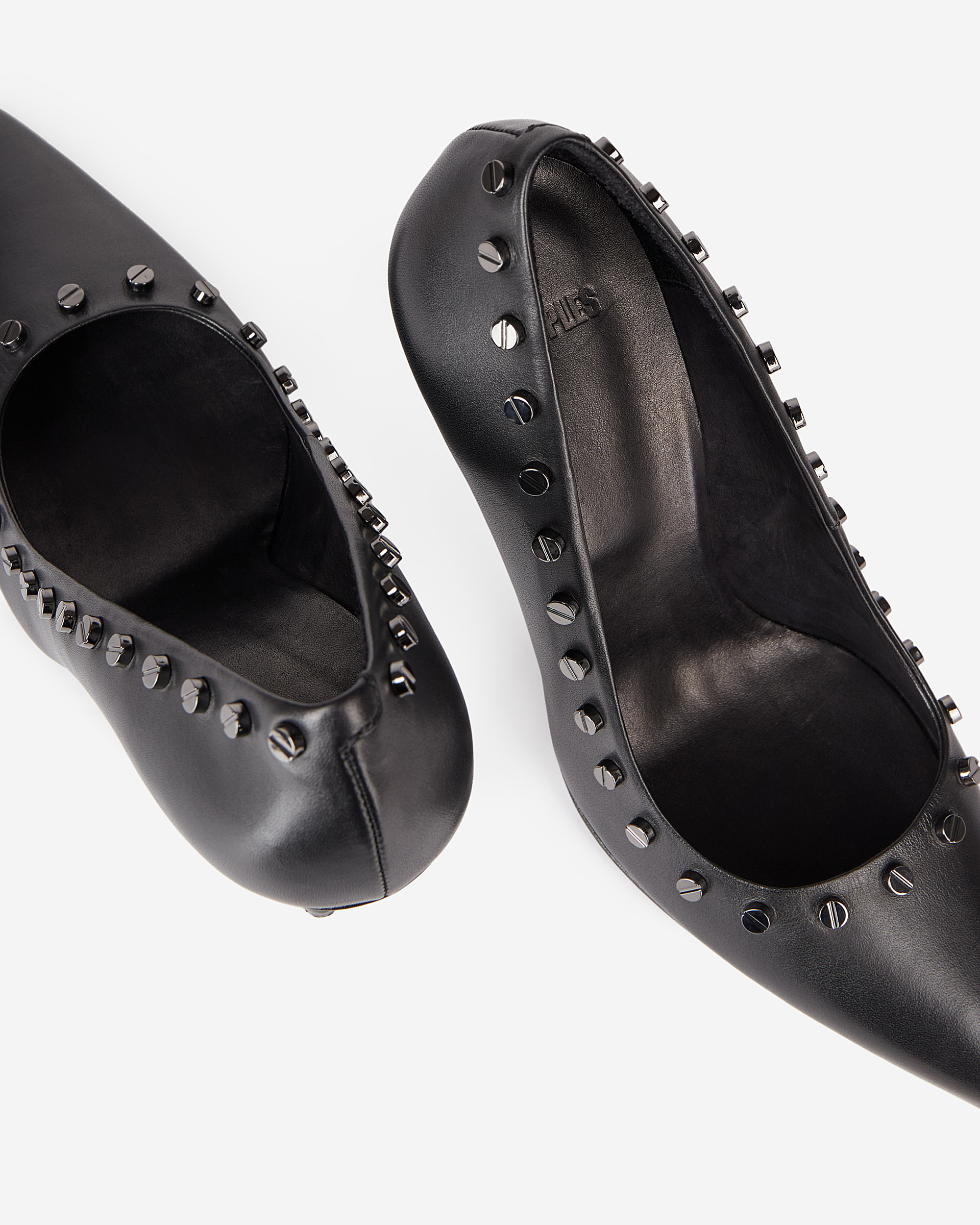 Black leather studded heeled pumps