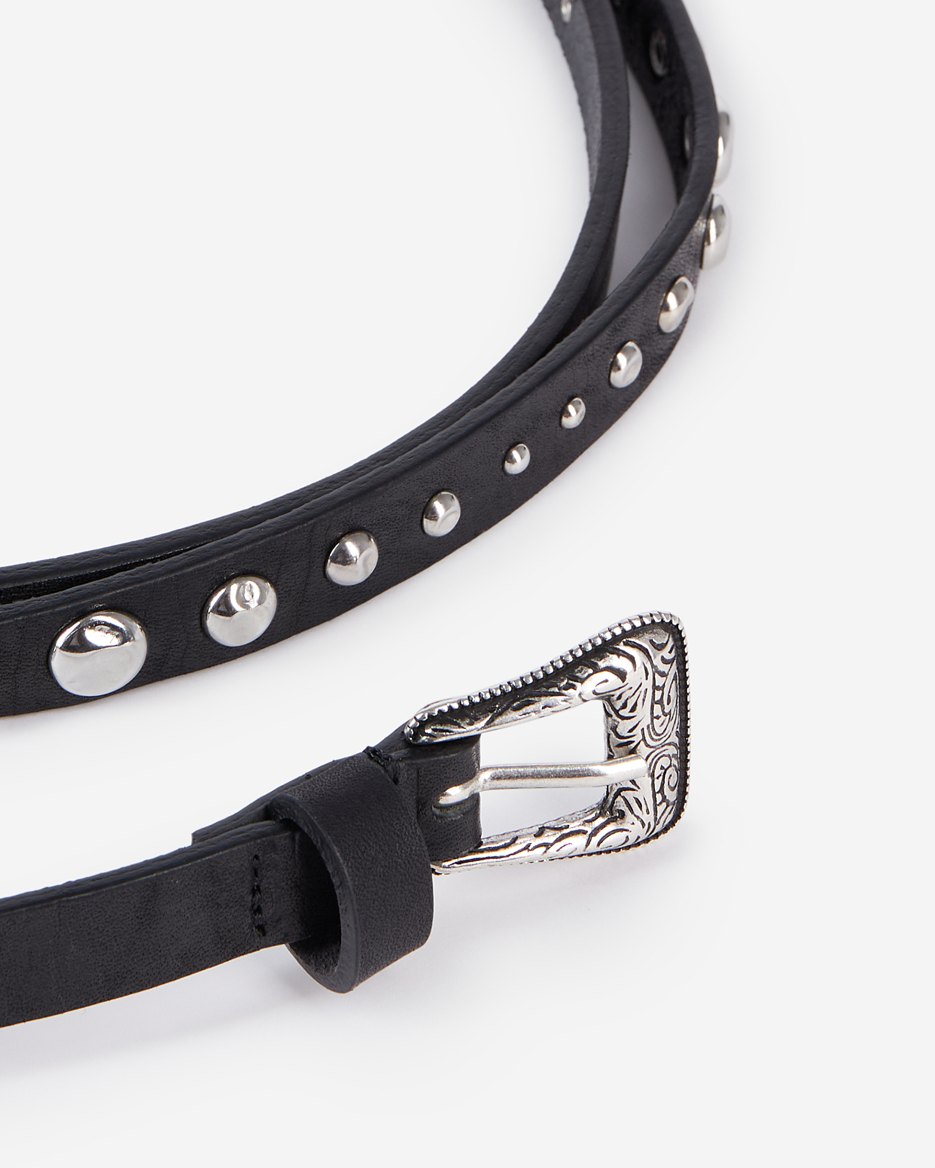 Thin leather belt with black studs