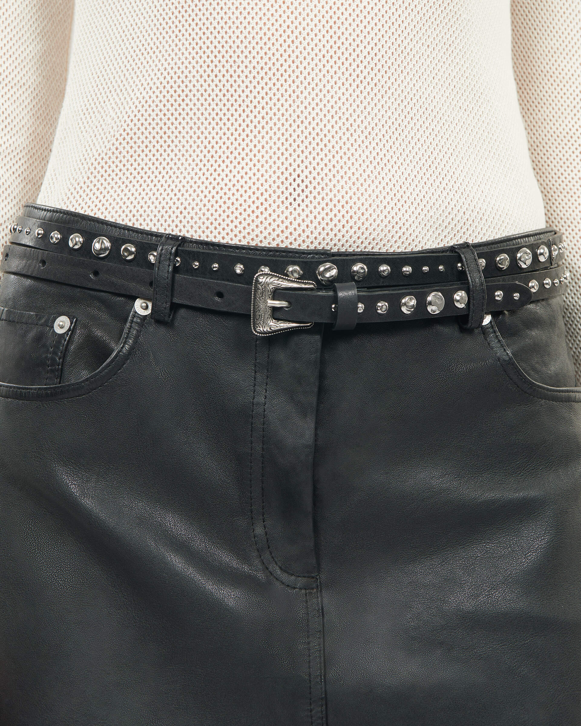 Thin leather belt with black studs