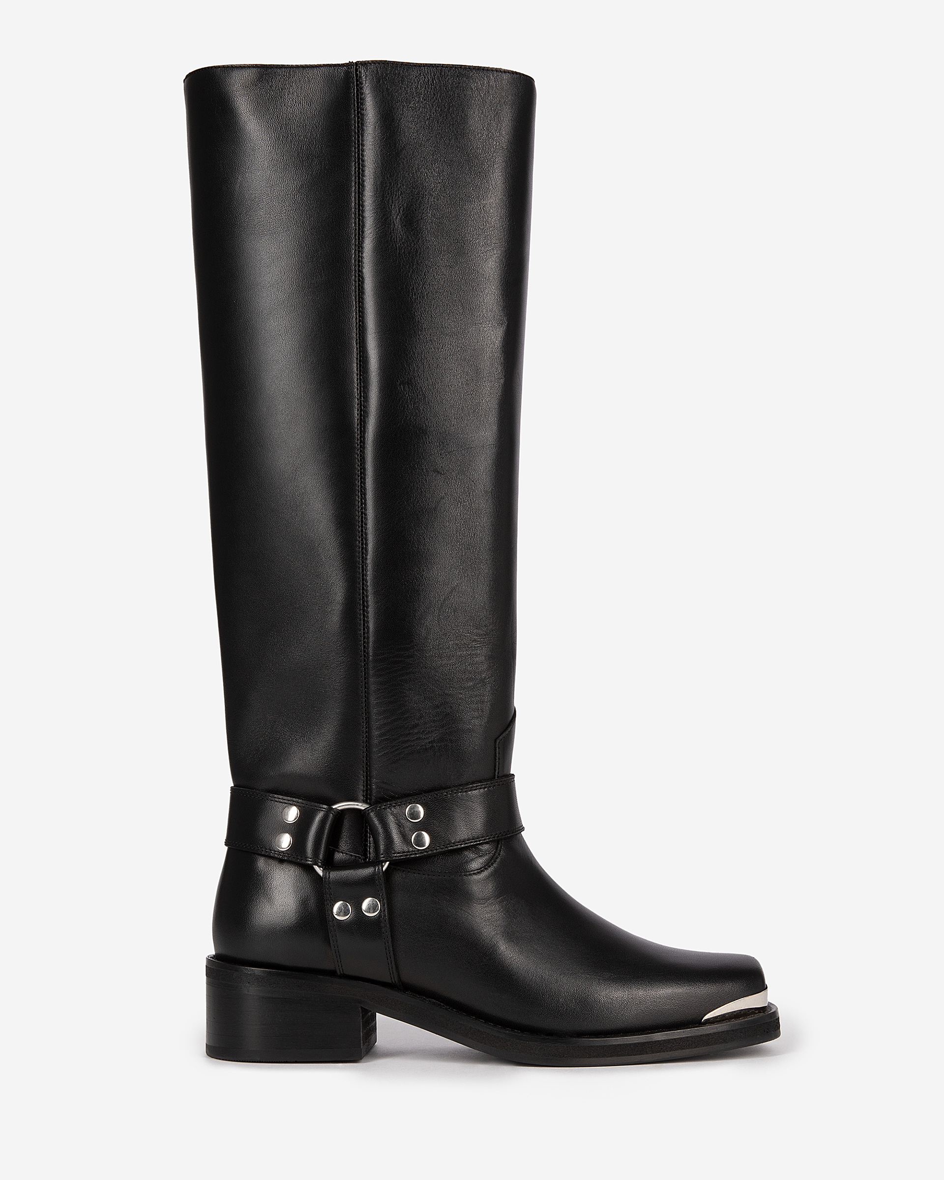 Black leather strap boots