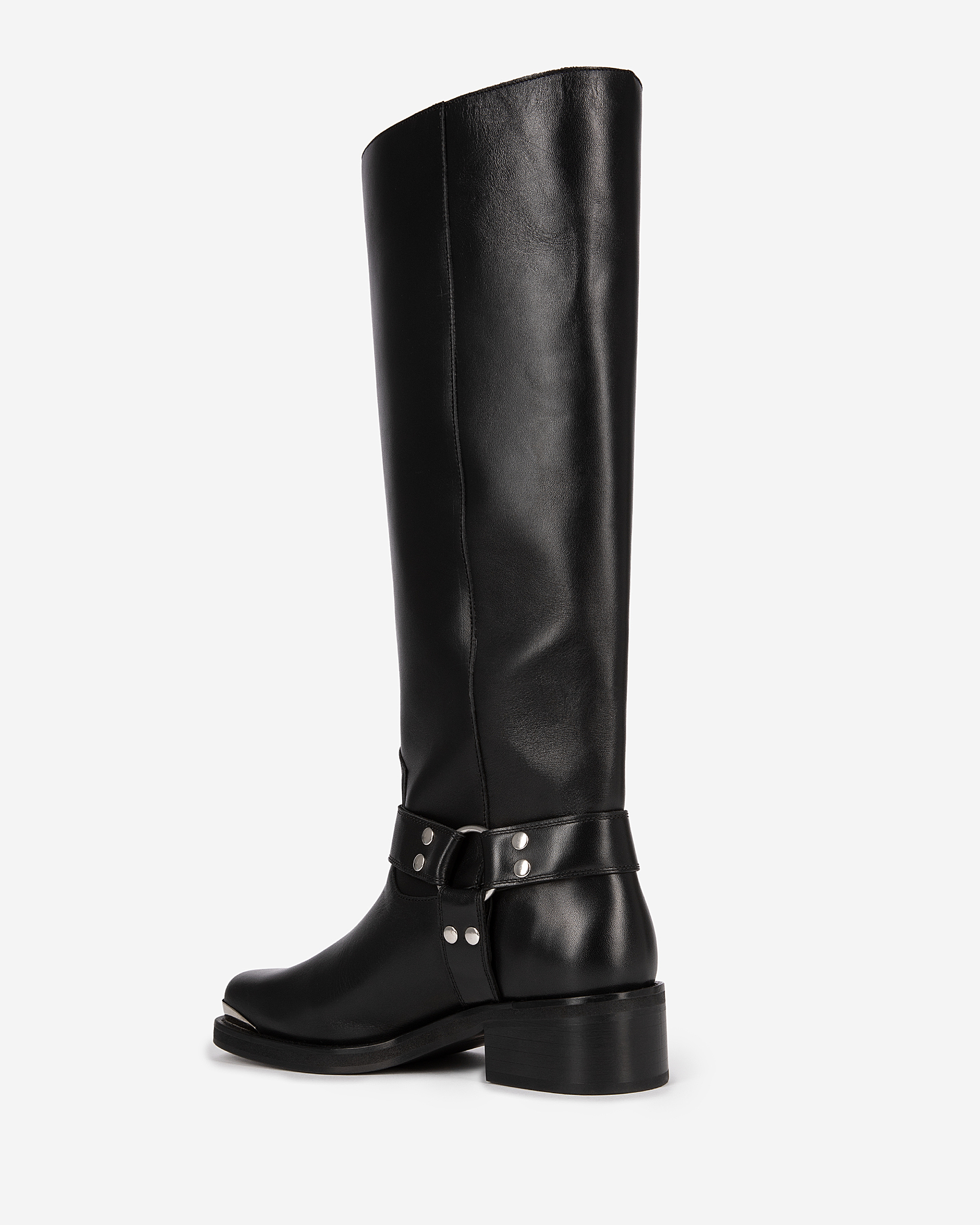 Black leather strap boots