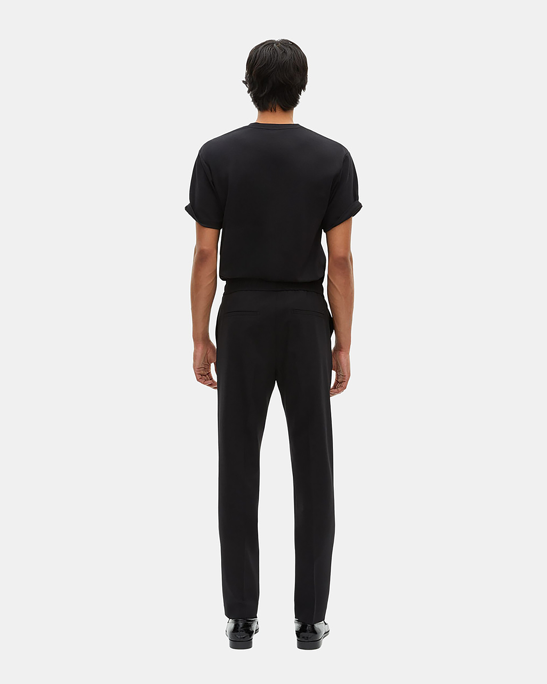 Black wool straight elasticated trousers