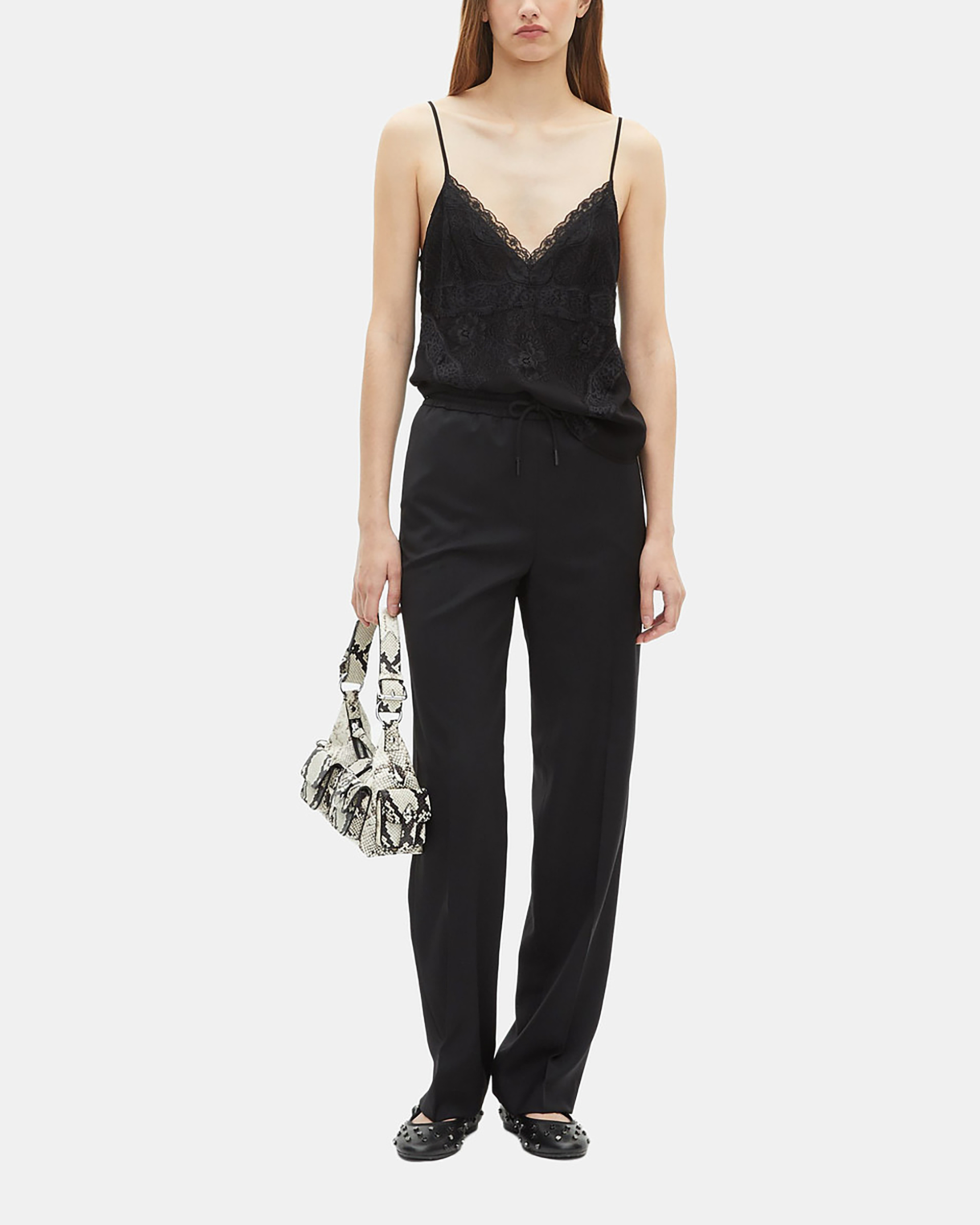 Black straight-leg wool pants