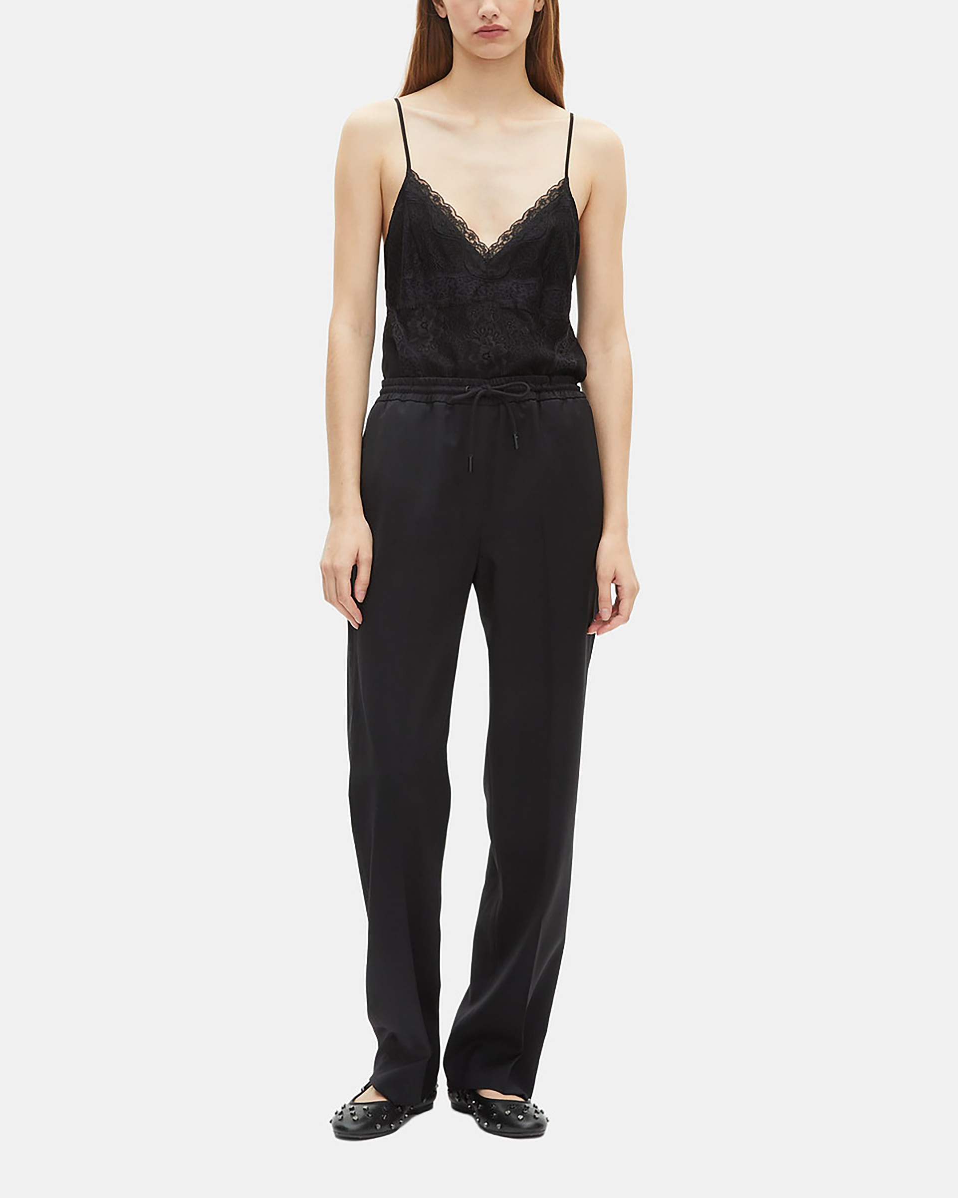 Black straight-leg wool pants