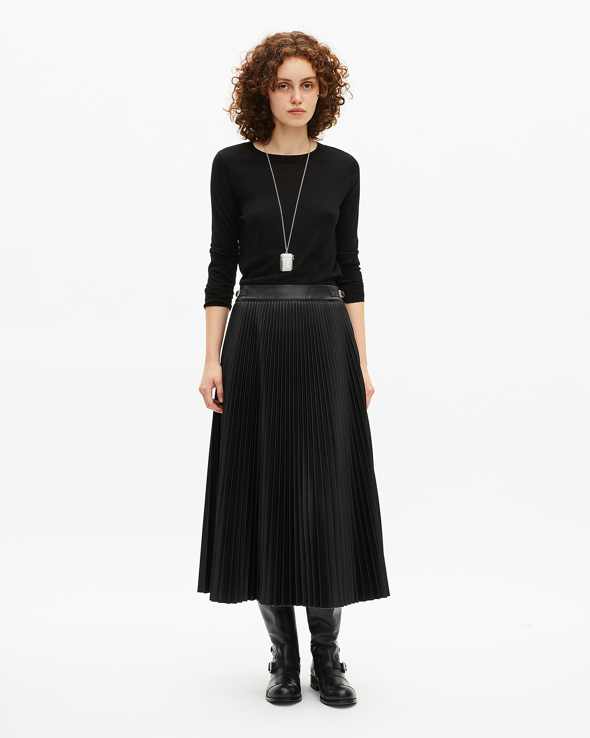 Black leather-effect pleated long skirt