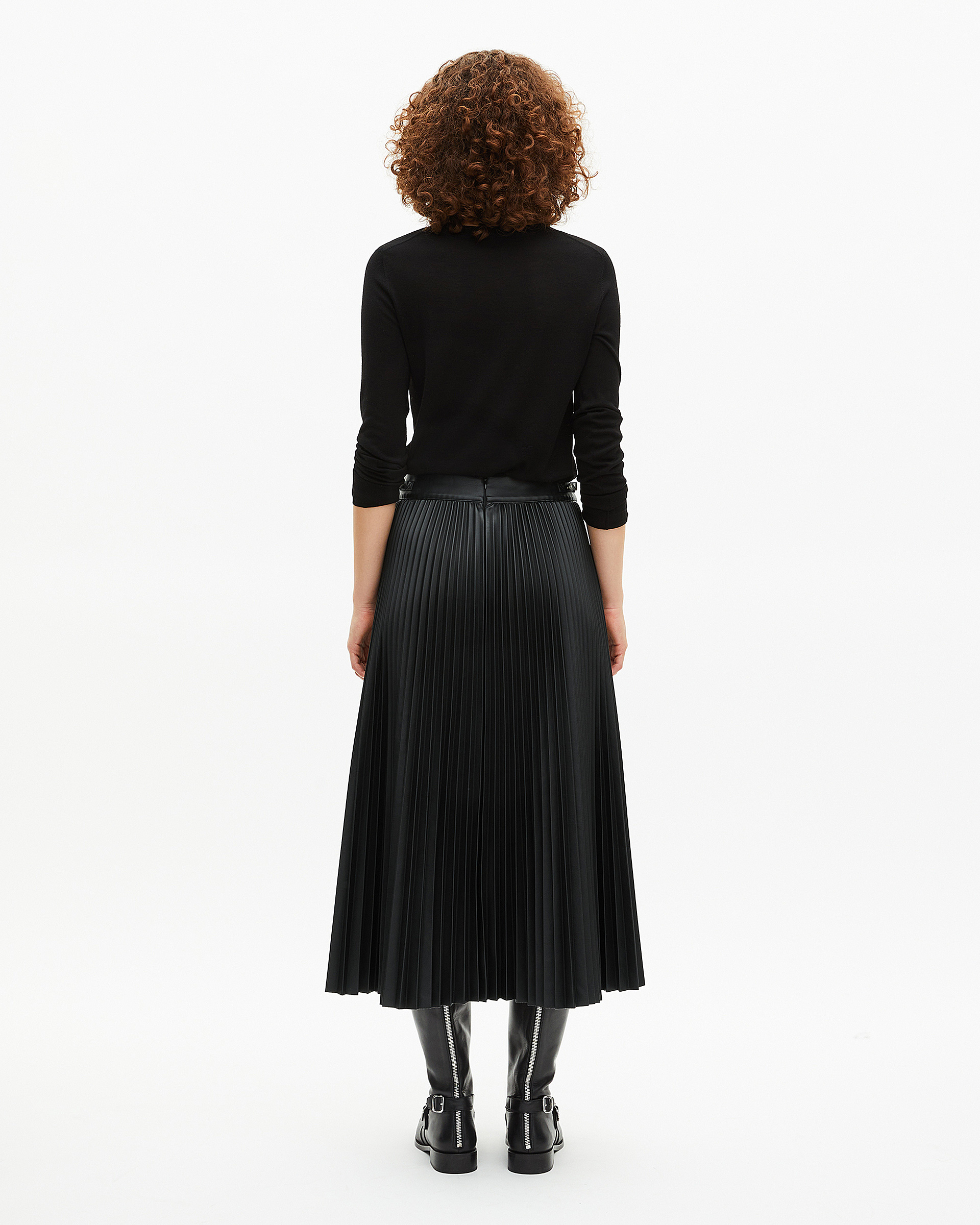 Black leather-effect pleated long skirt