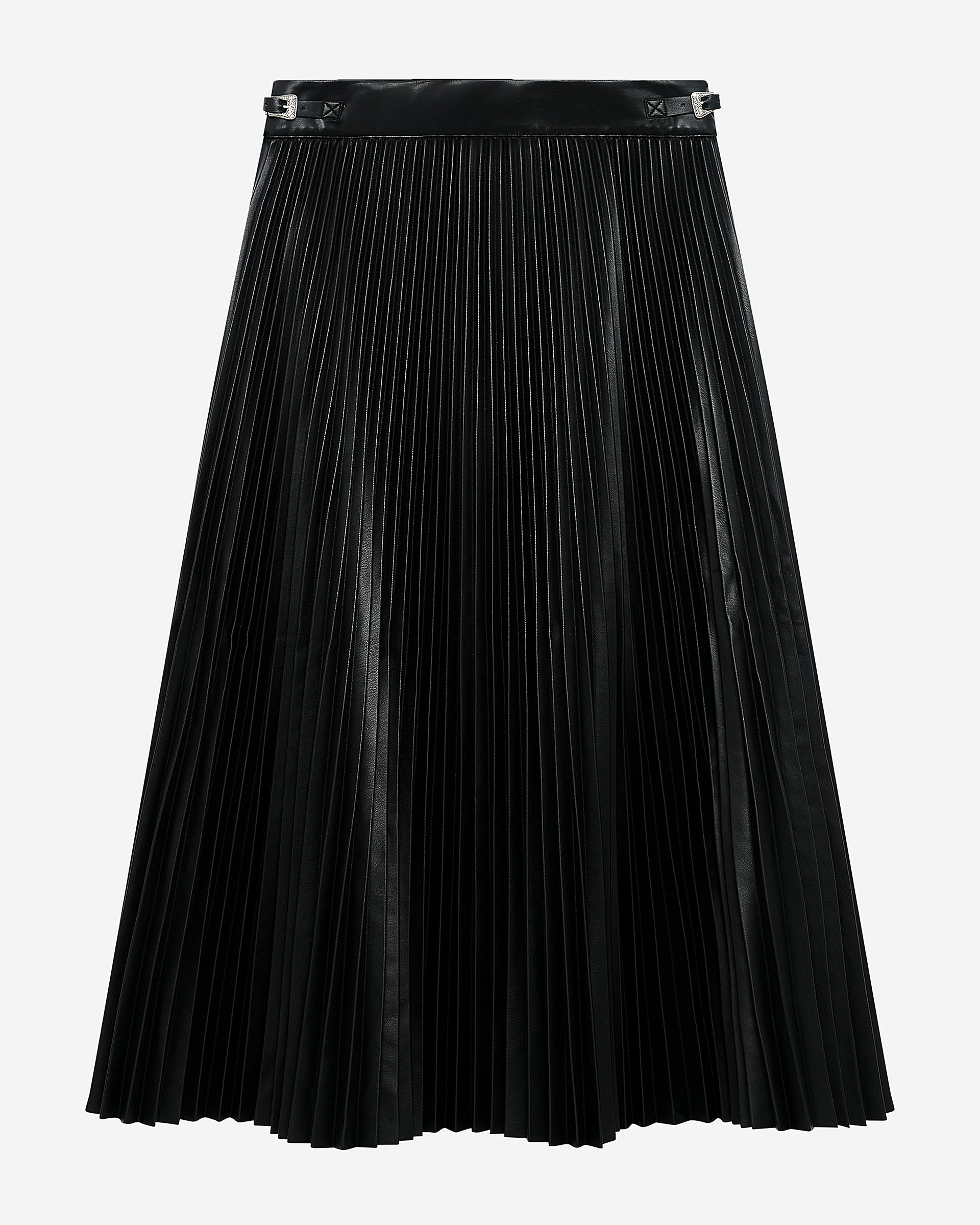 Black leather-effect pleated long skirt