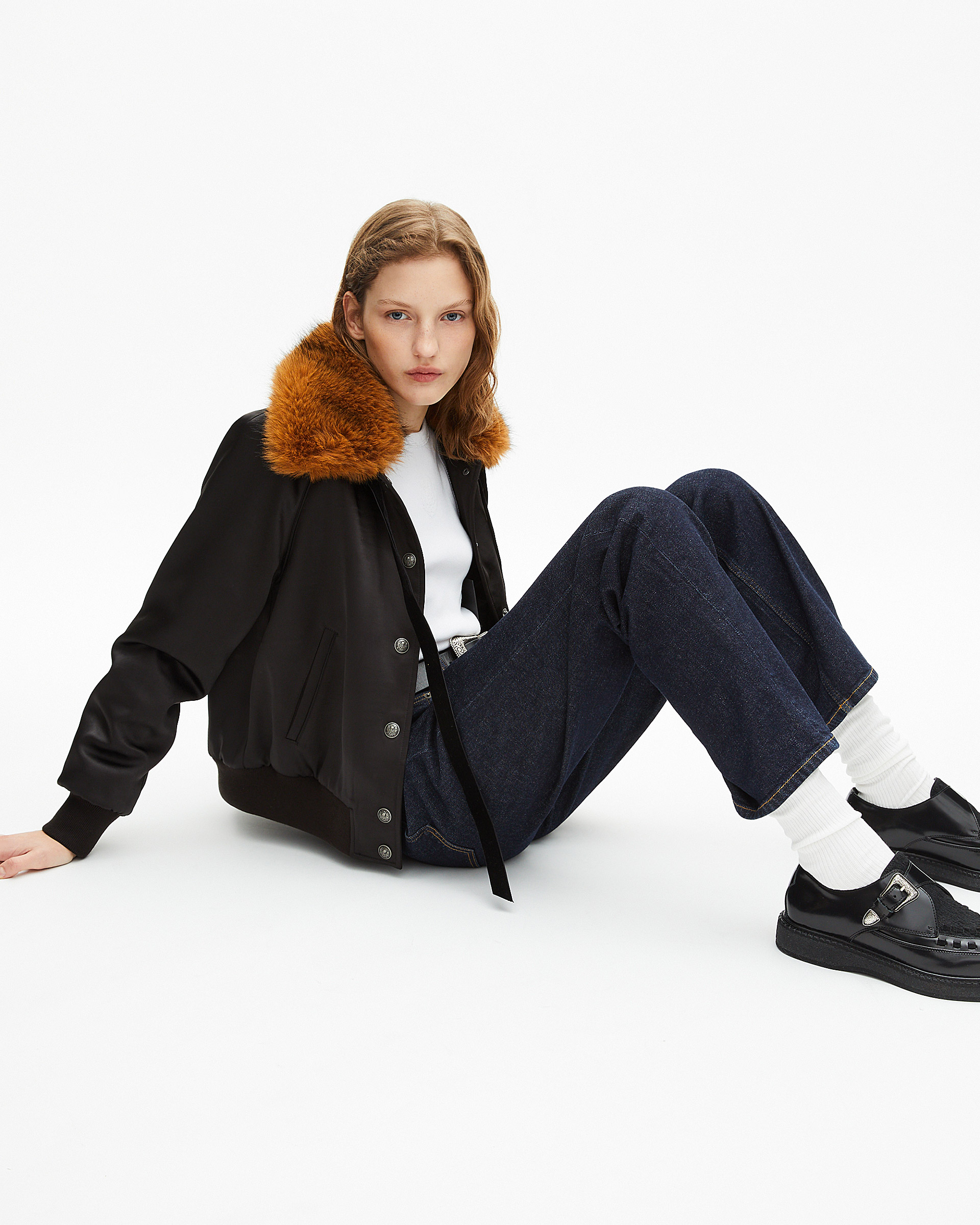Black satin fur collar jacket