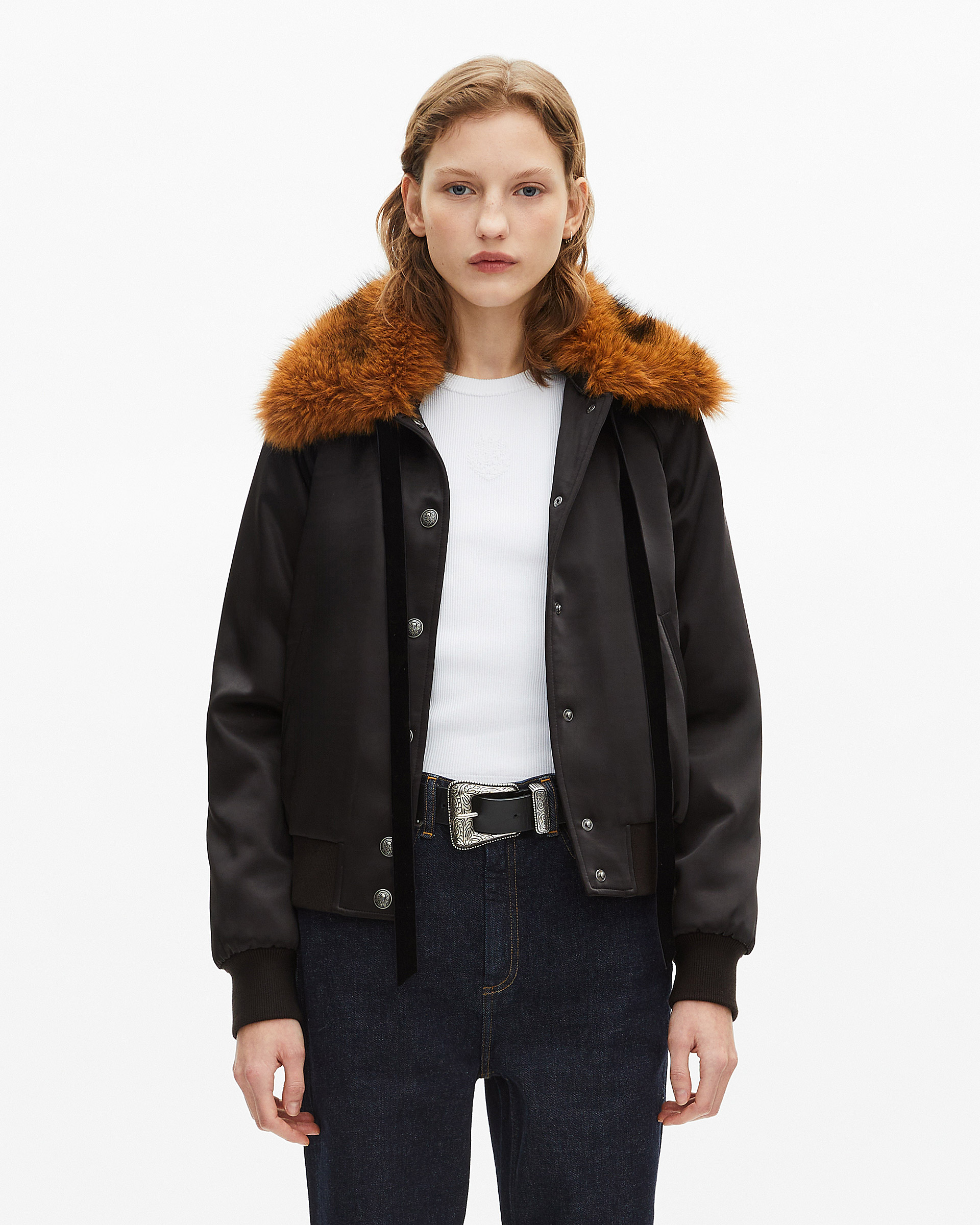 Black satin fur collar jacket