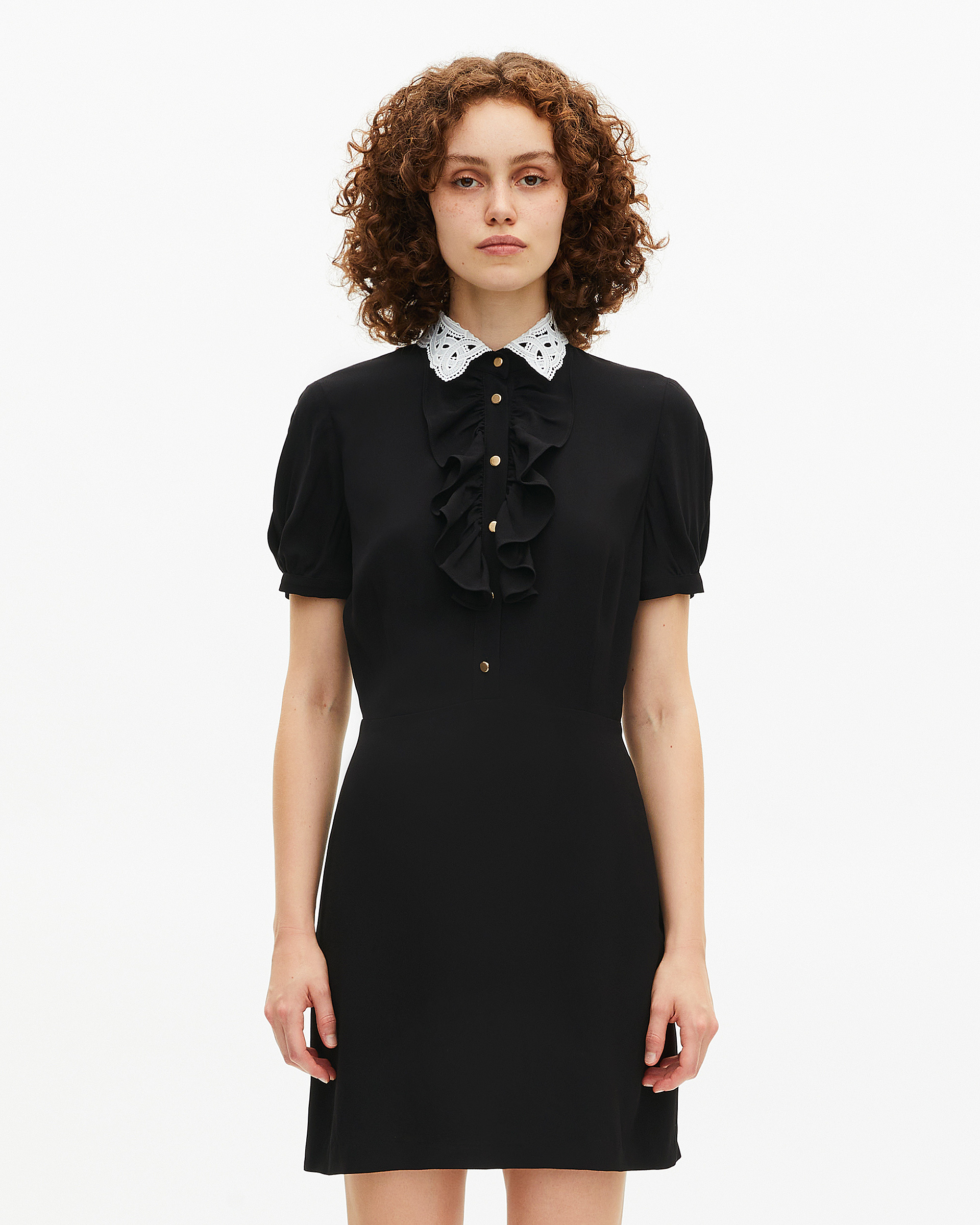 Short black dress with contrasting embroidered collar