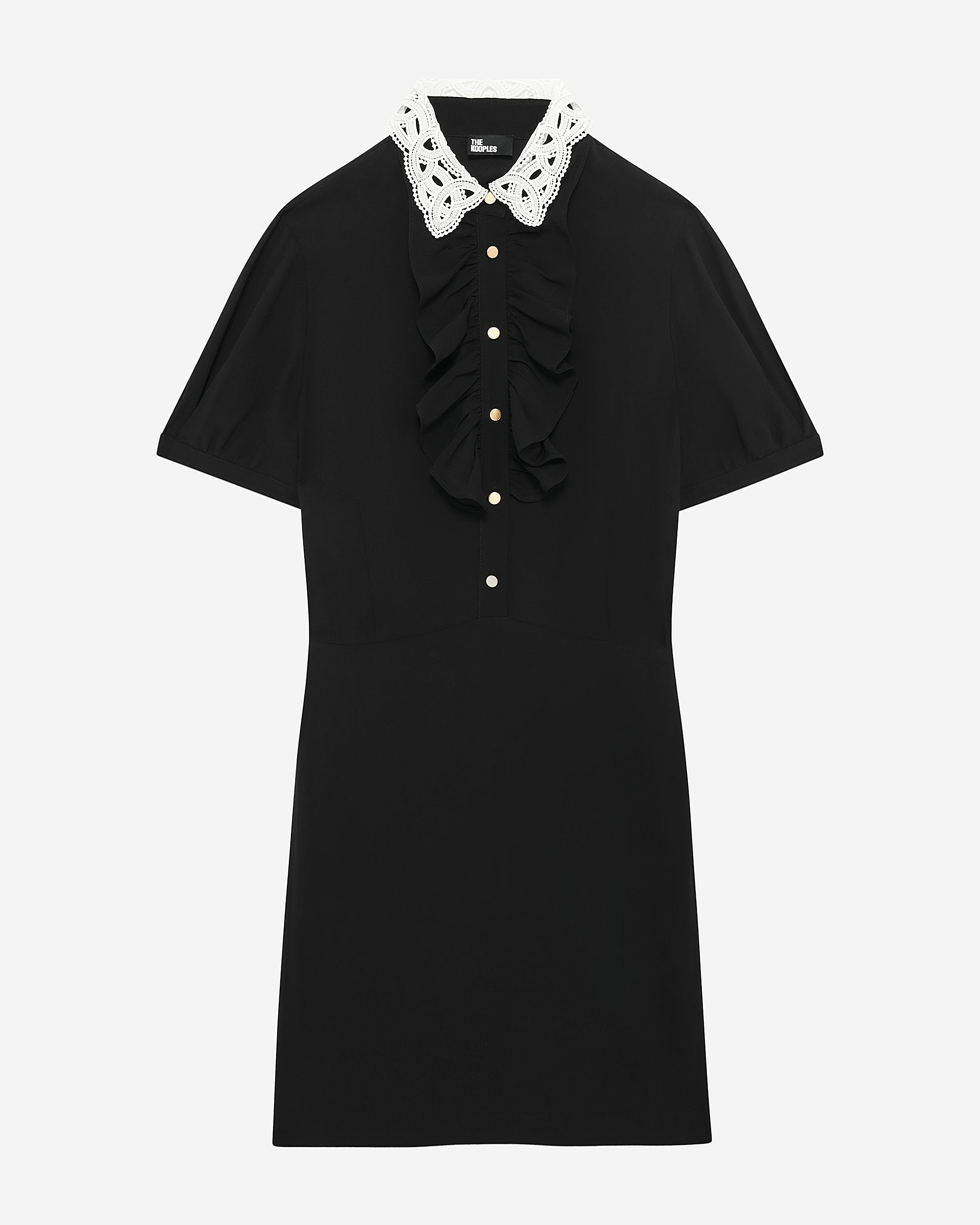 Short black dress with contrasting embroidered collar