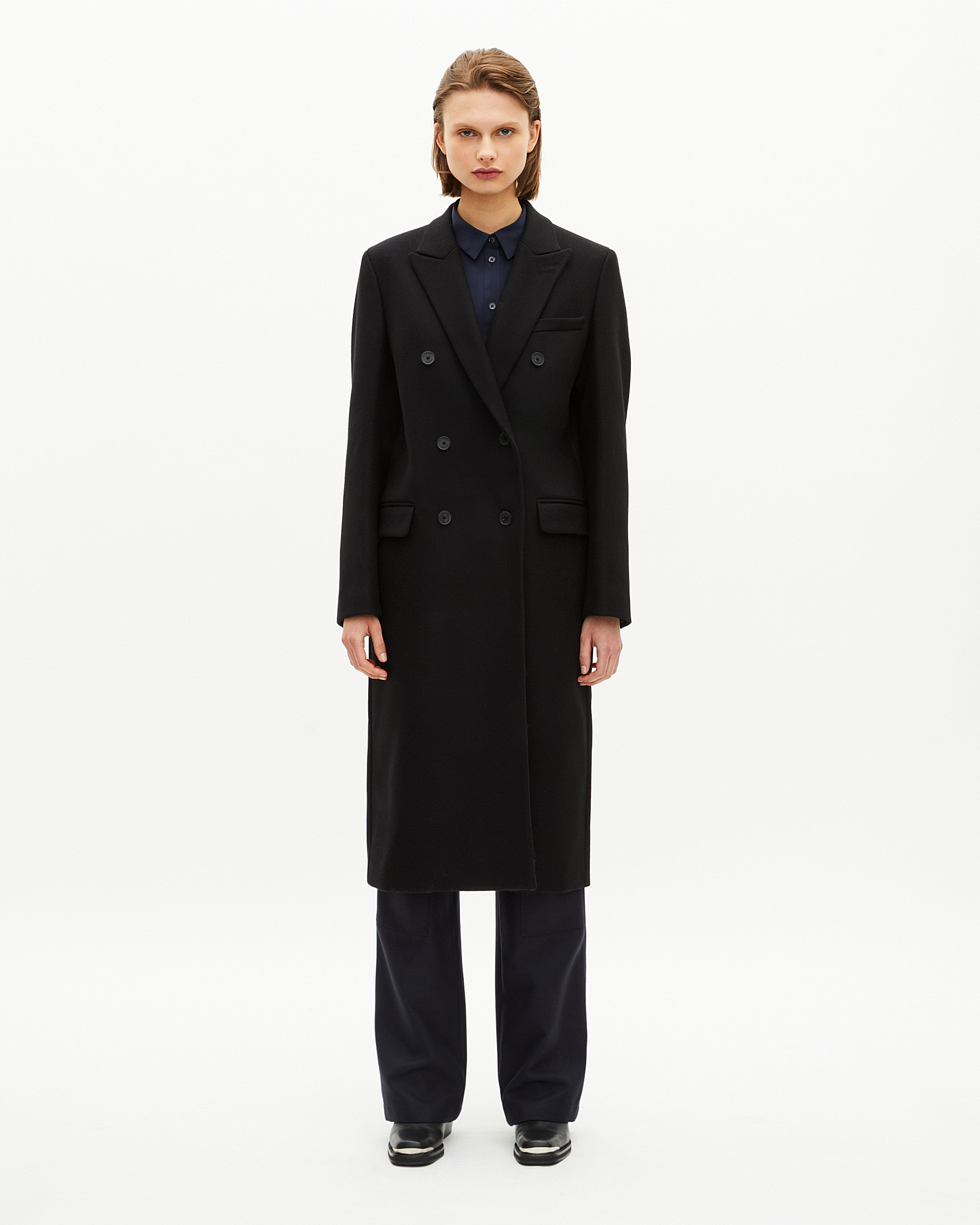 Long black wool double-breasted coat
