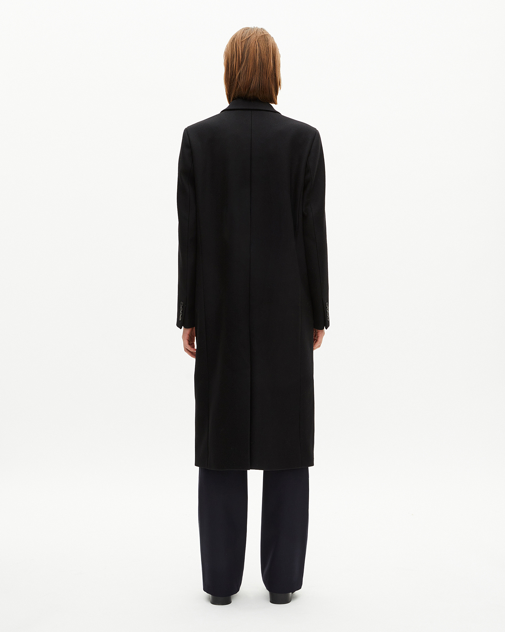 Long black wool double-breasted coat