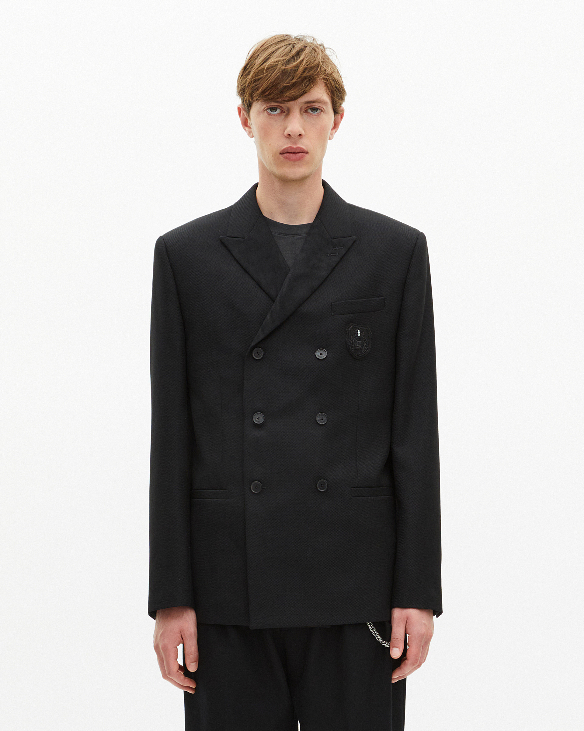 Double-breasted straight jacket with black crest