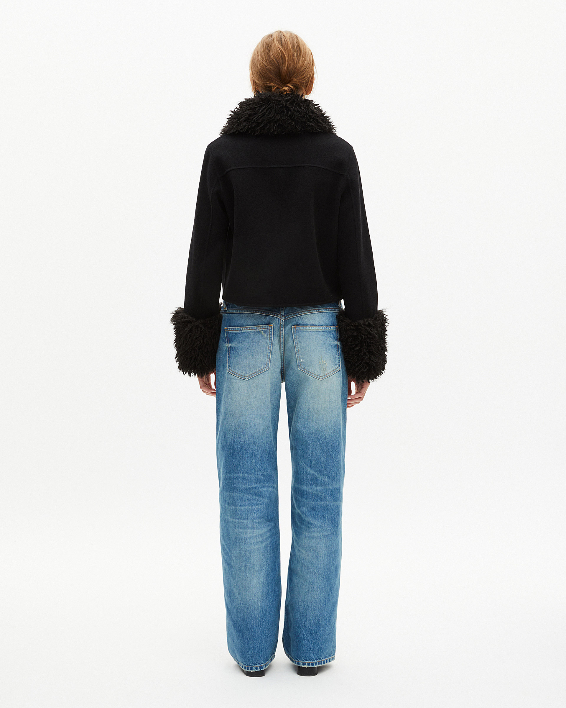 Short black wool jacket with sherpa collar