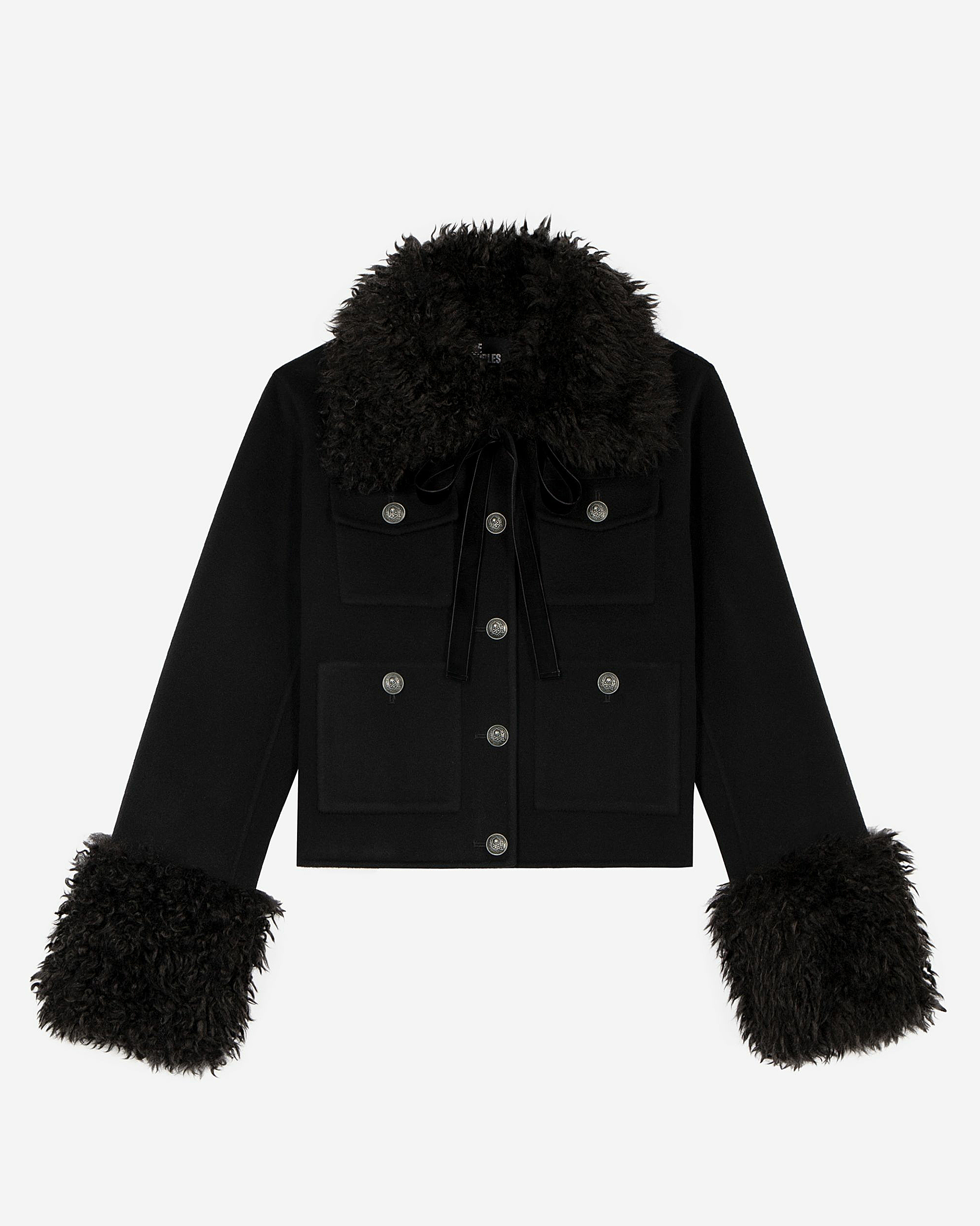 Short black wool jacket with sherpa collar