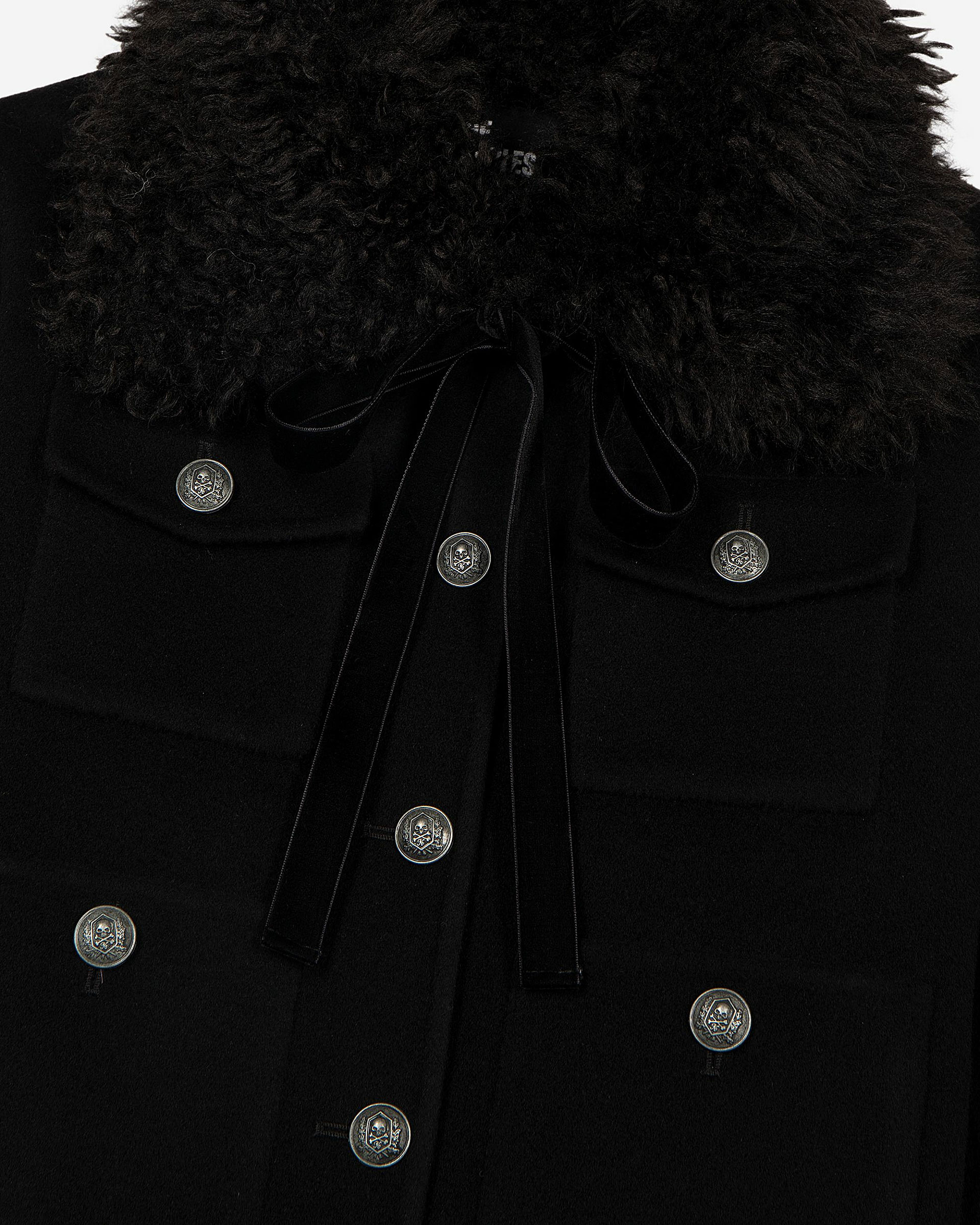 Short black wool jacket with sherpa collar