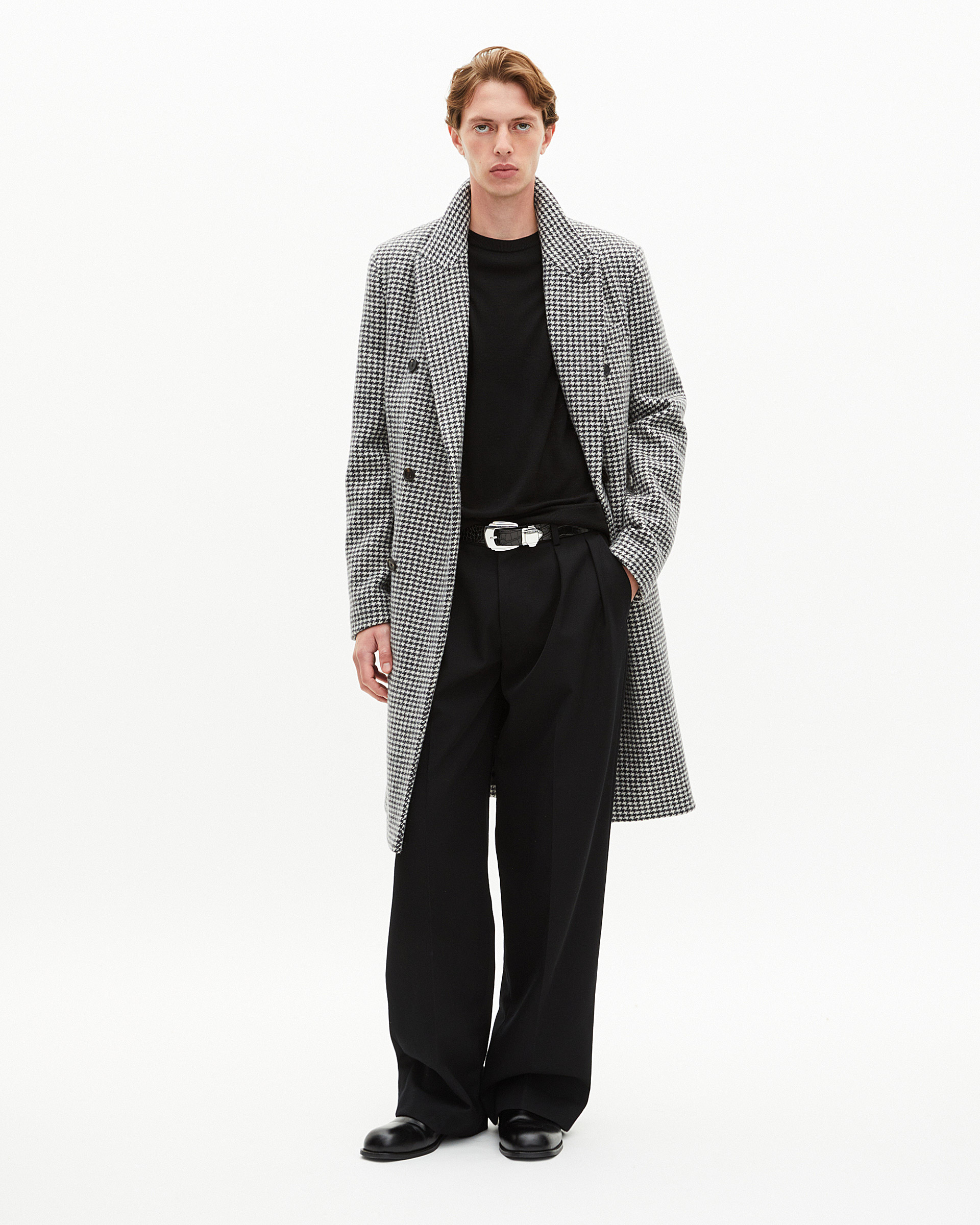 Long black and white wool houndstooth coat