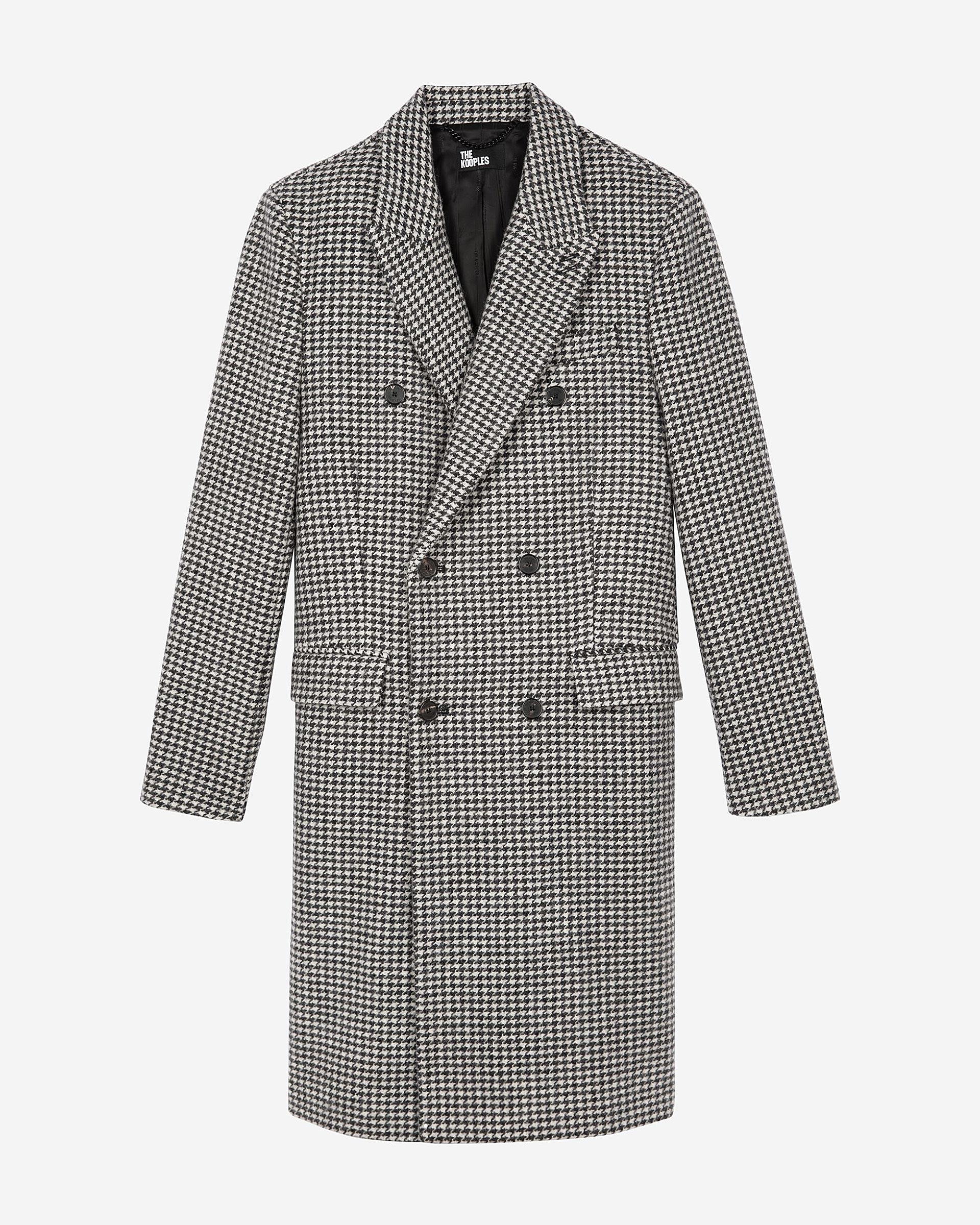 Long black and white wool houndstooth coat