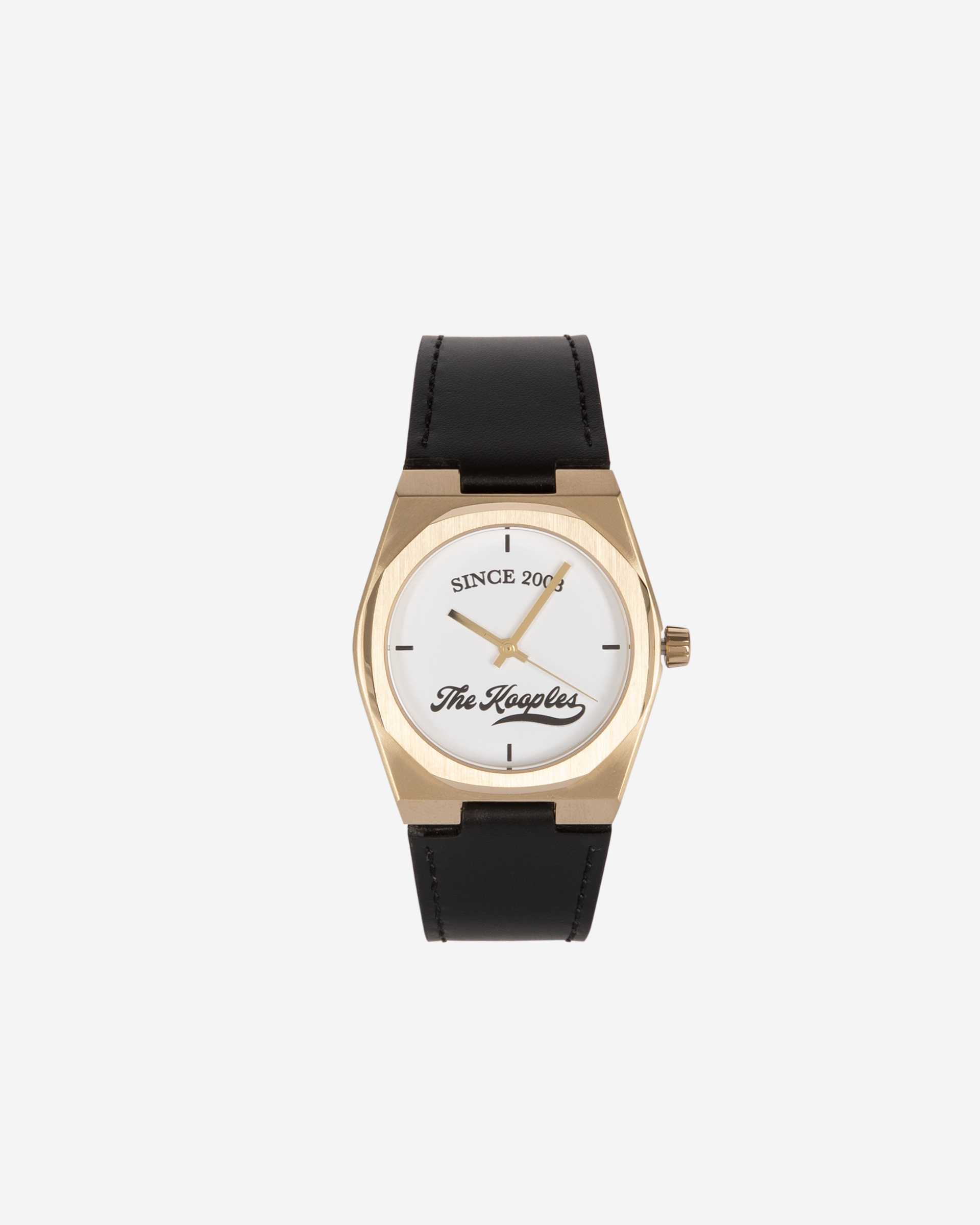 Watch with logo and black leather strap