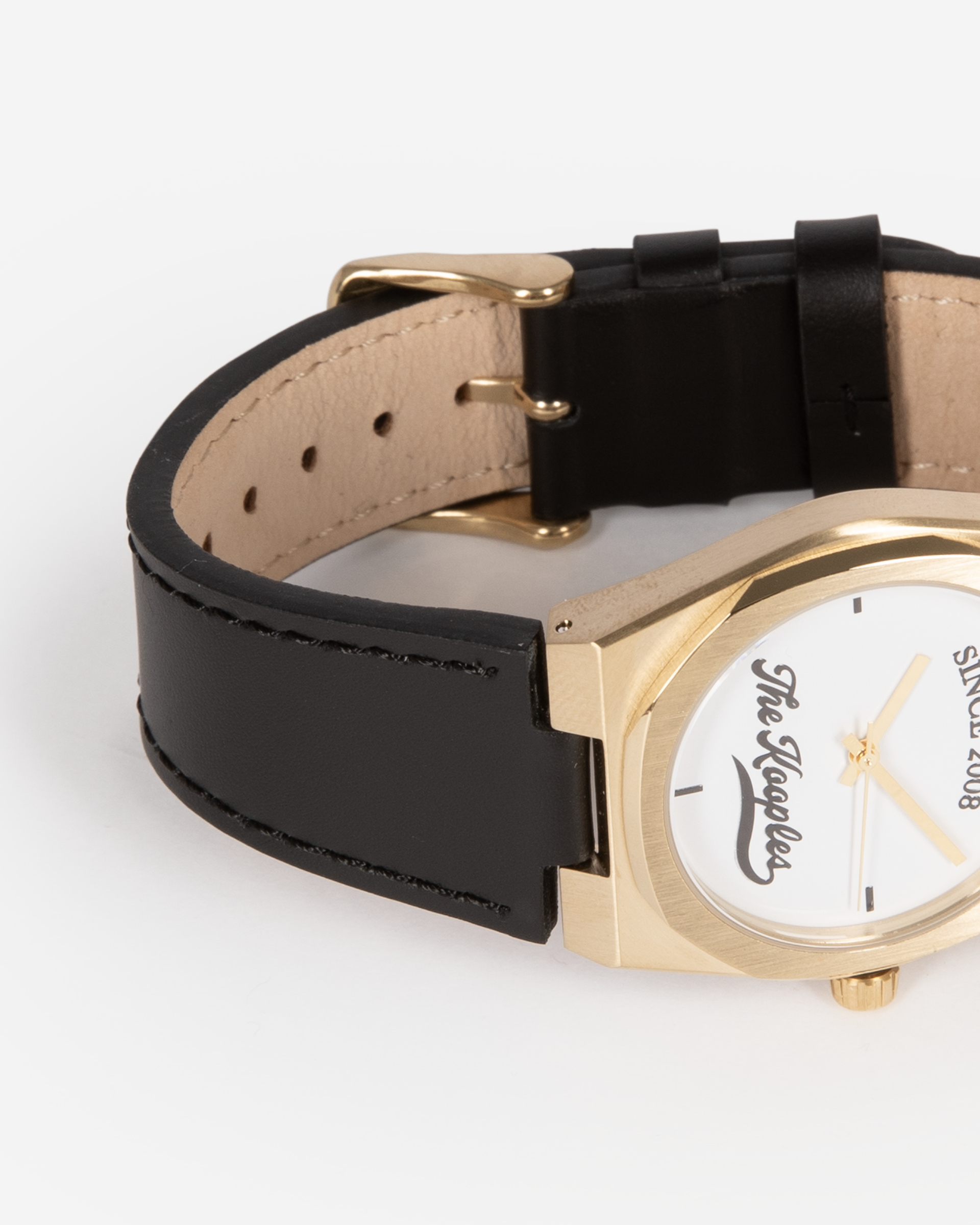 Watch with logo and black leather strap