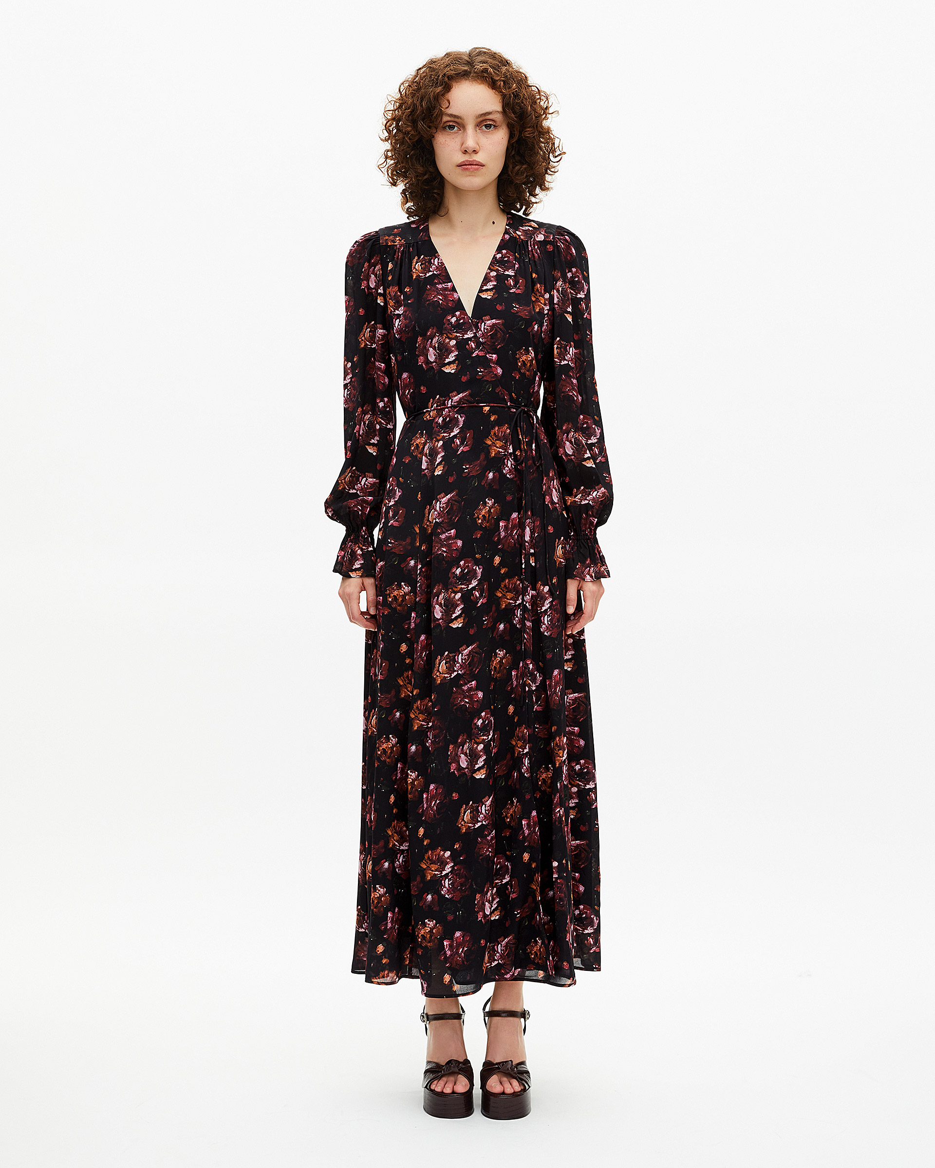 Burgundy silk blend floral print long dress