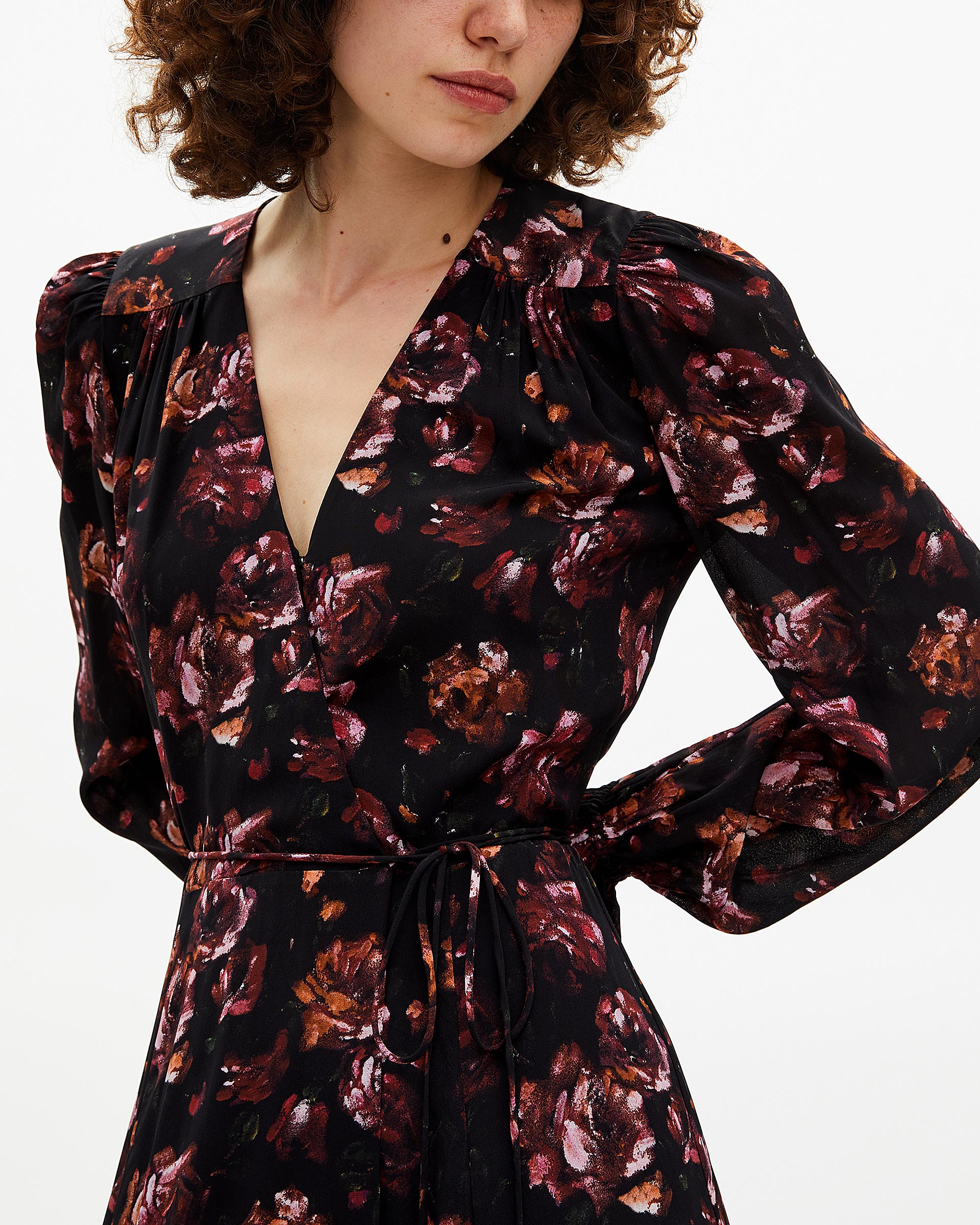 Burgundy silk blend floral print long dress