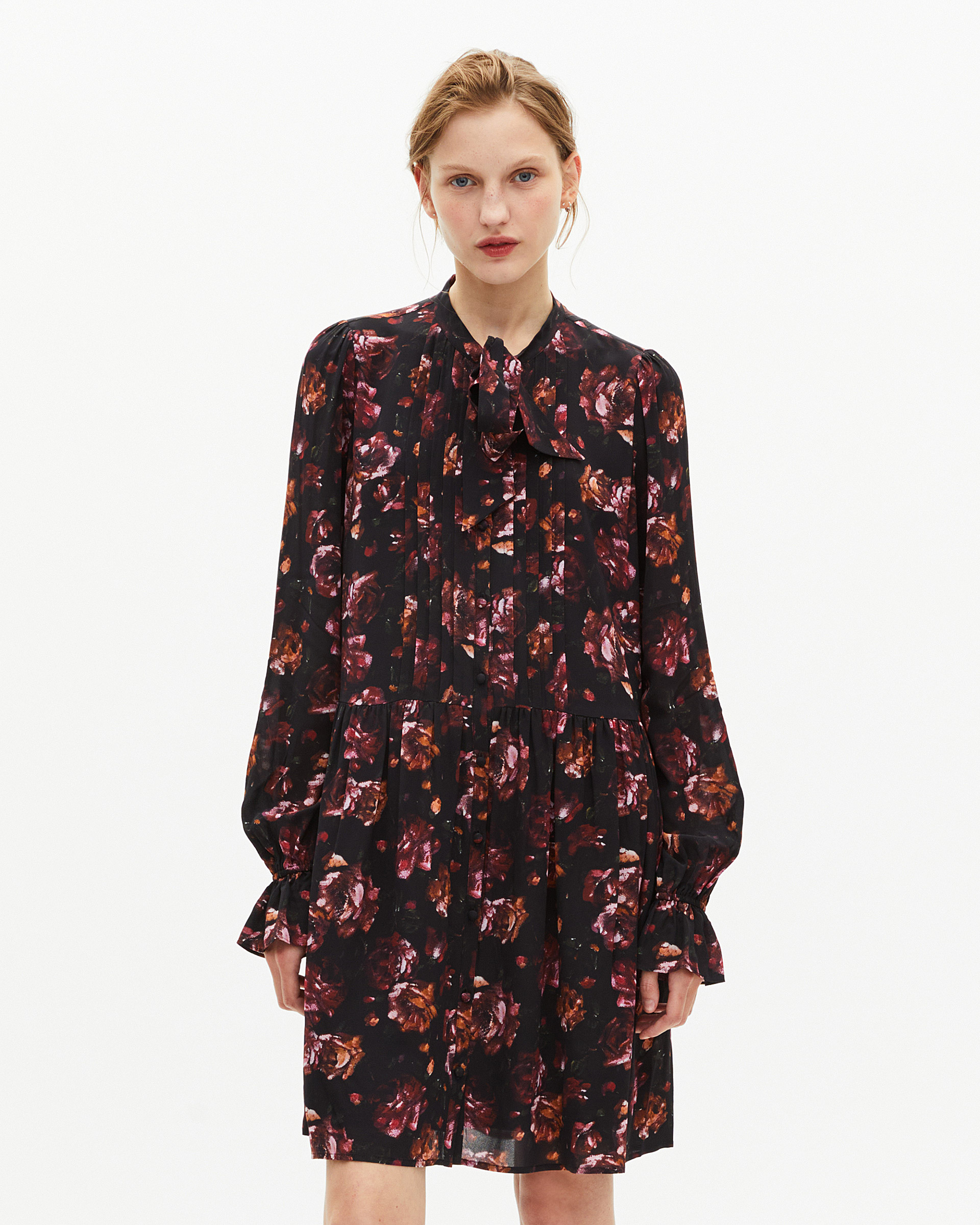 Rose print short dress in burgundy silk blend