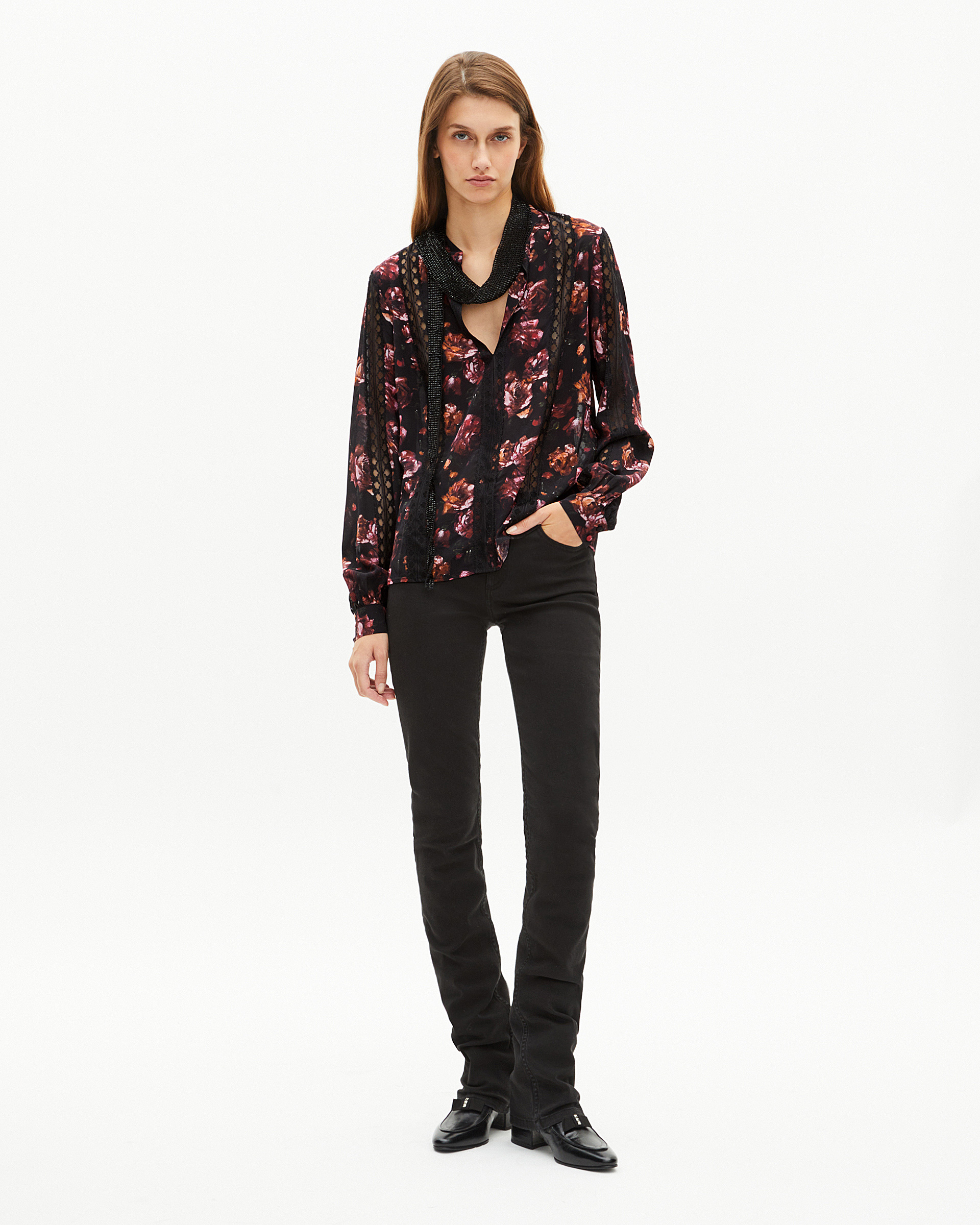 Rose-print blouse in burgundy silk blend