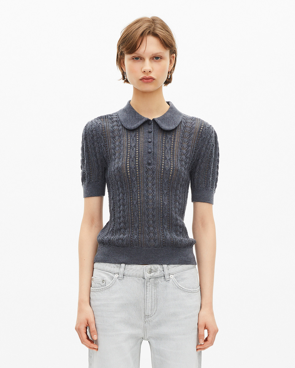 Grey merino wool short-sleeve sweater