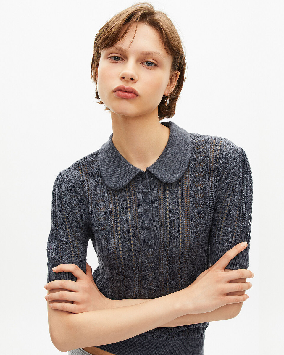 Grey merino wool short-sleeve sweater