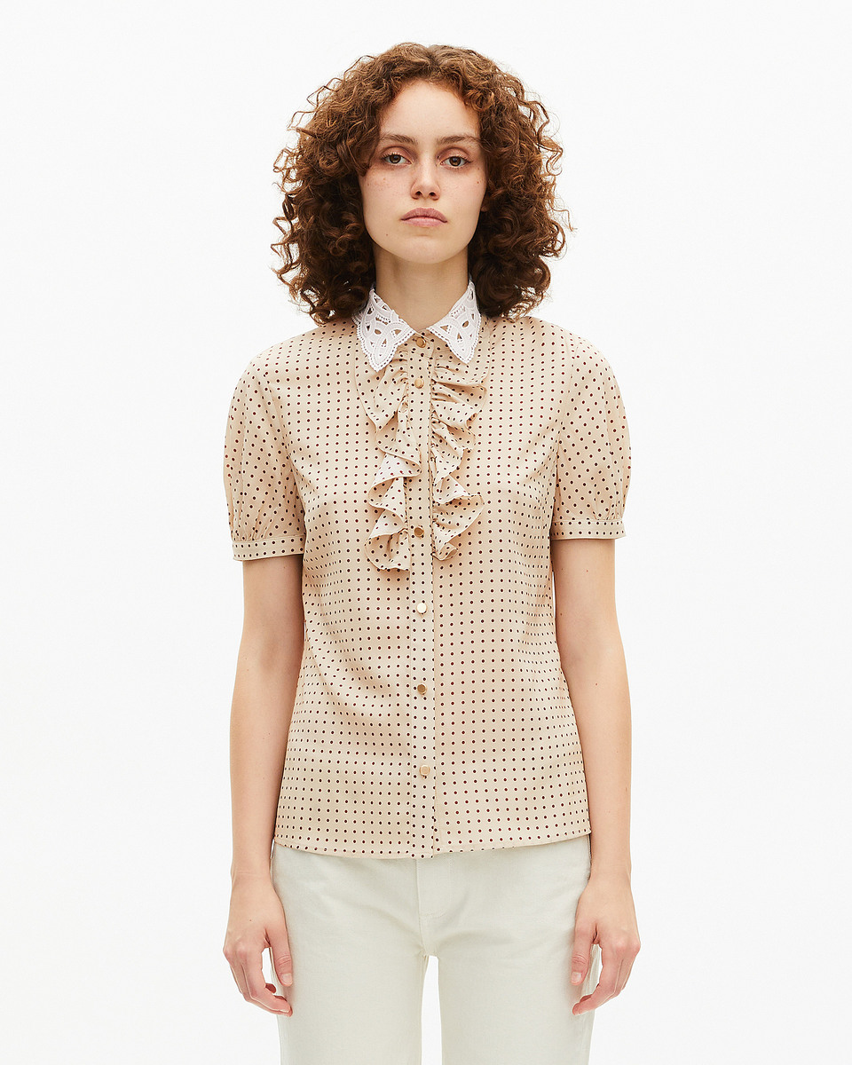 Short-sleeved beige polka-dot shirt