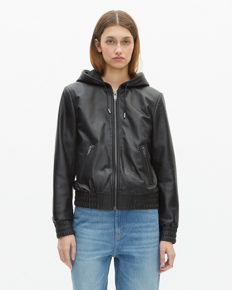 Black leather hooded jacket