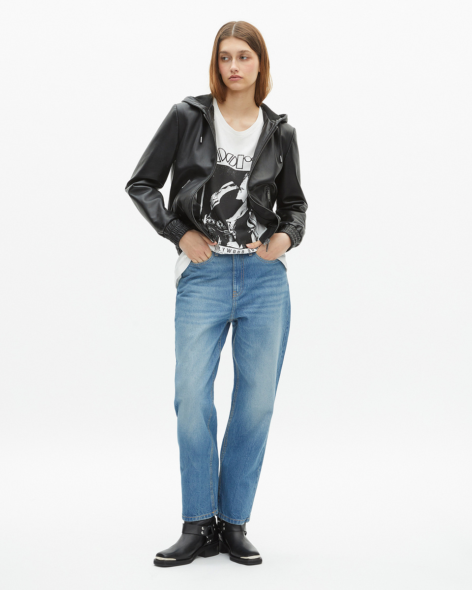 Black leather hooded jacket
