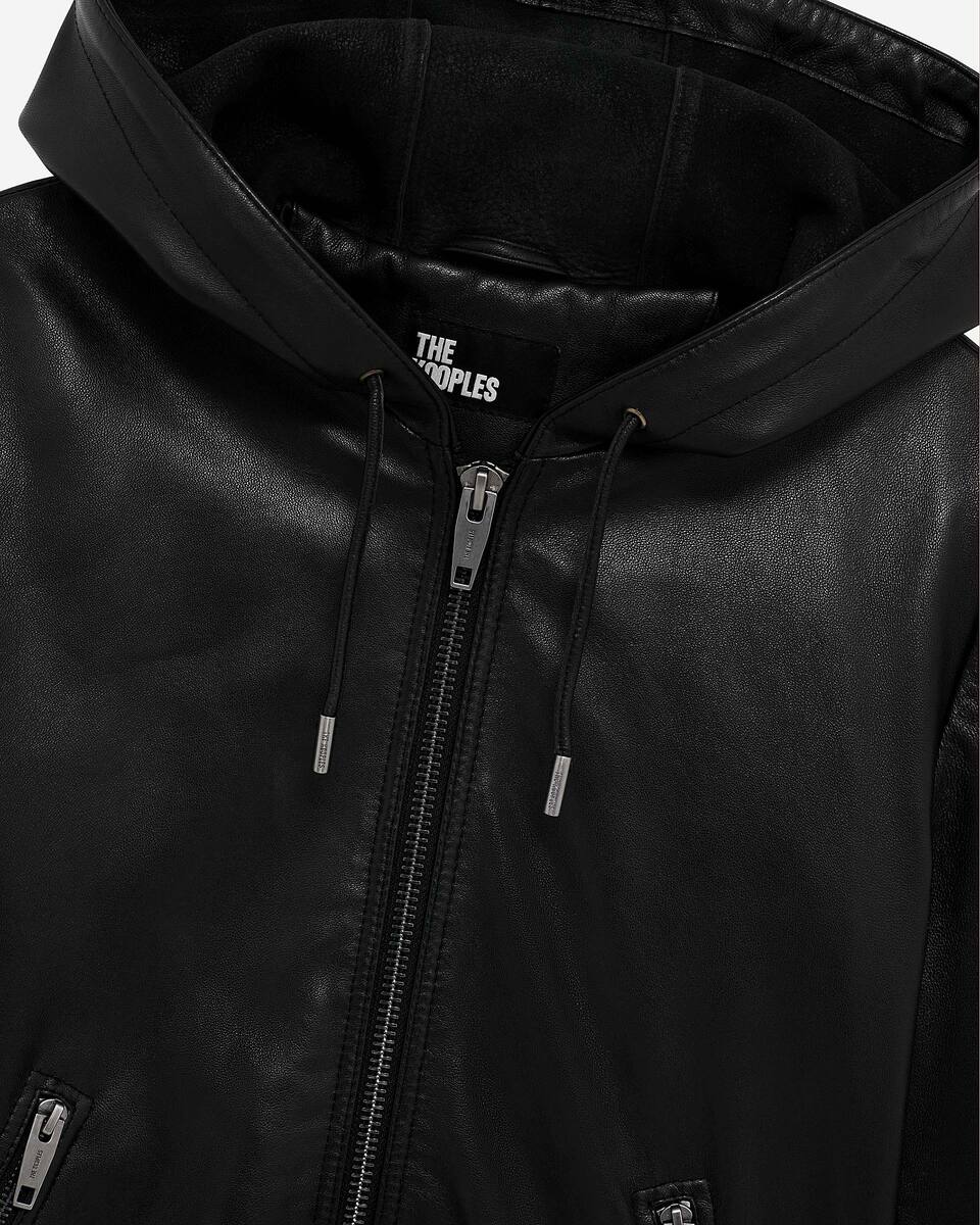 Black leather hooded jacket