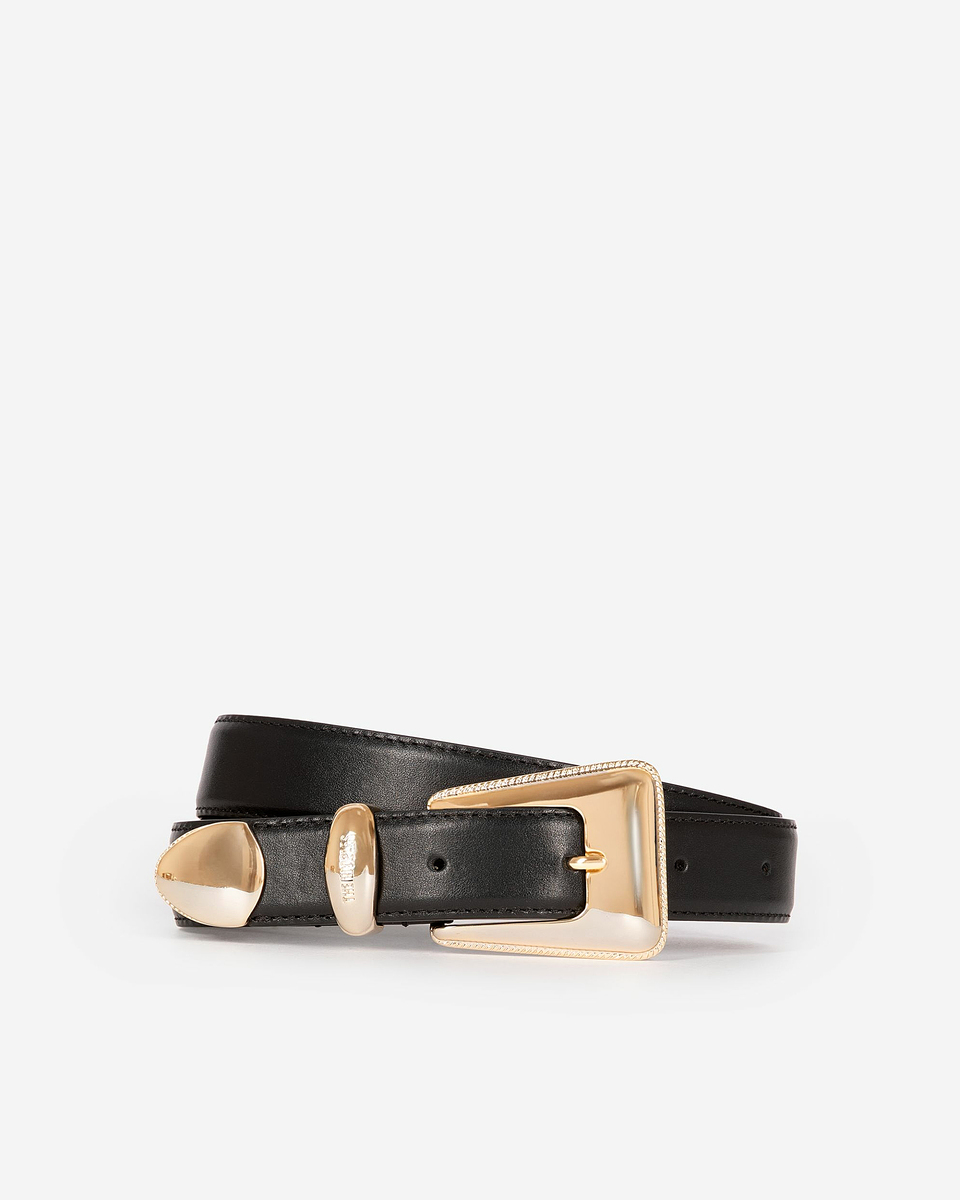Black leather gold western buckle belt