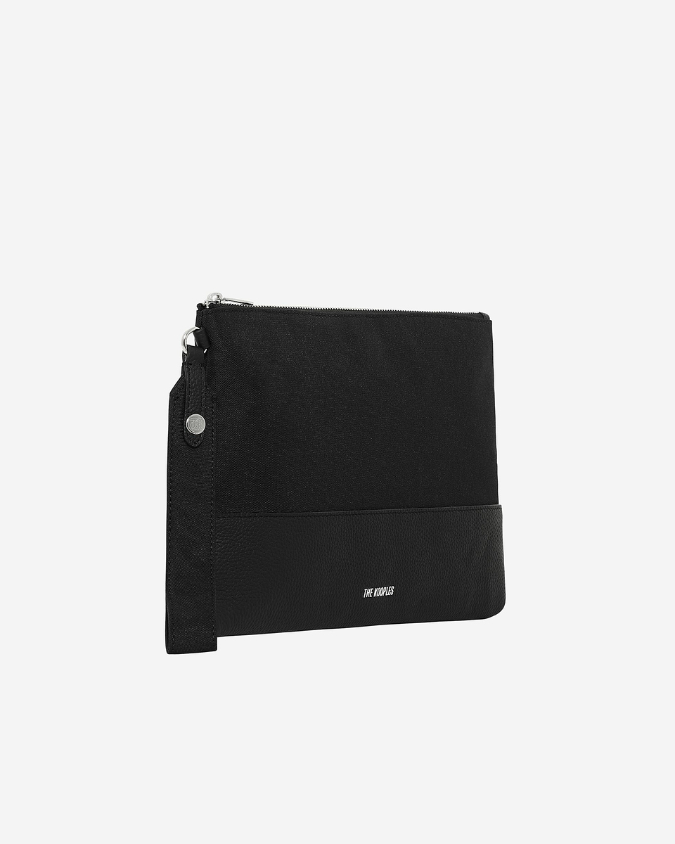 Black canvas and grained leather travel pouch