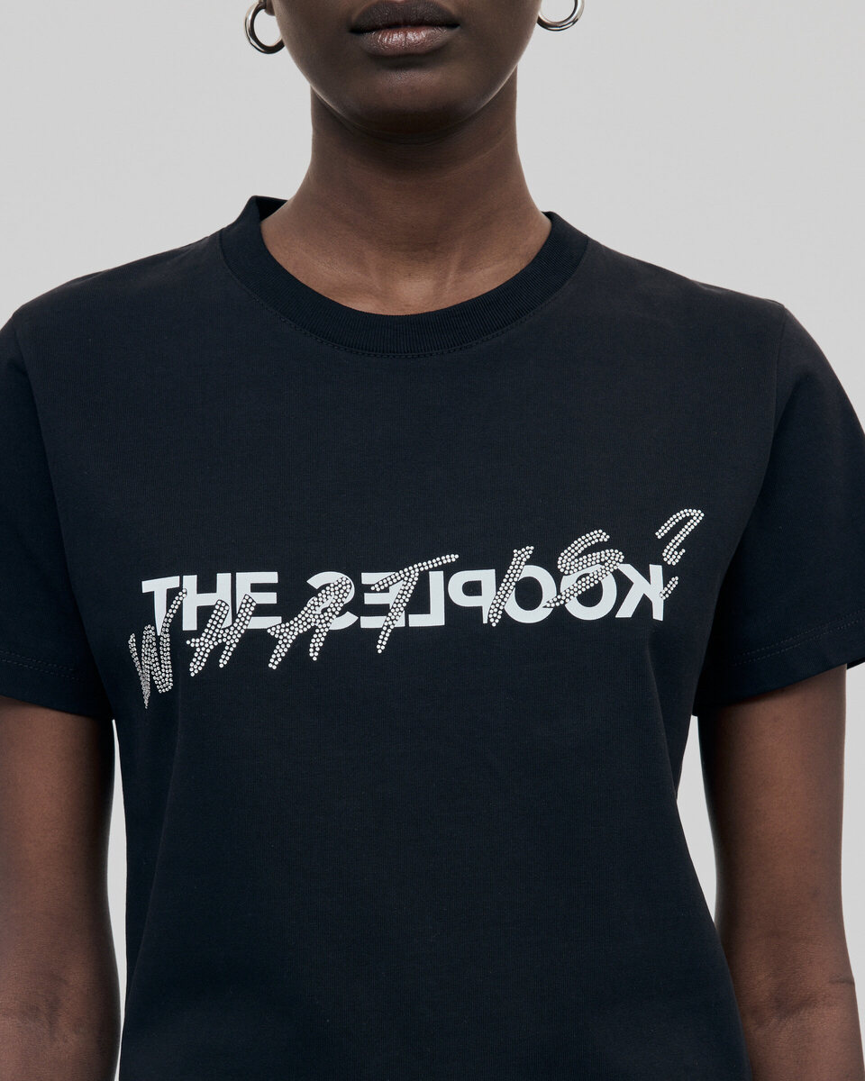 'What Is' T-shirt with black rhinestones