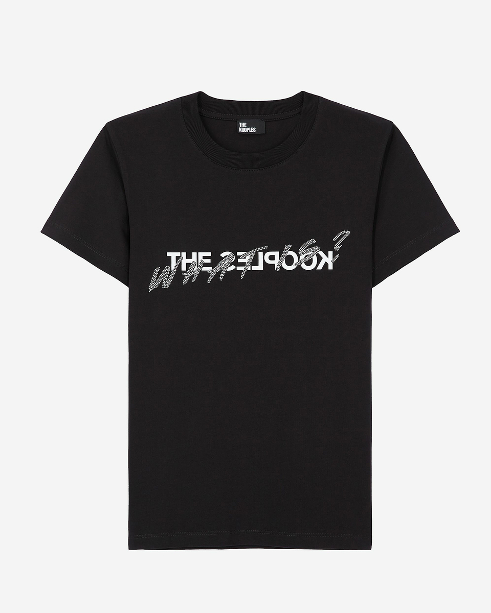 'What Is' T-shirt with black rhinestones