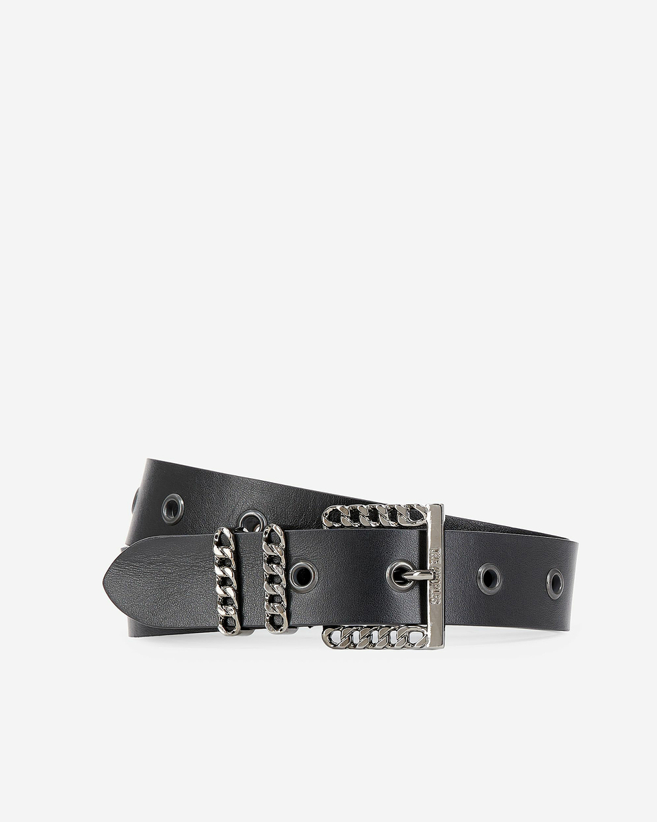 Leather belt with black chain buckle
