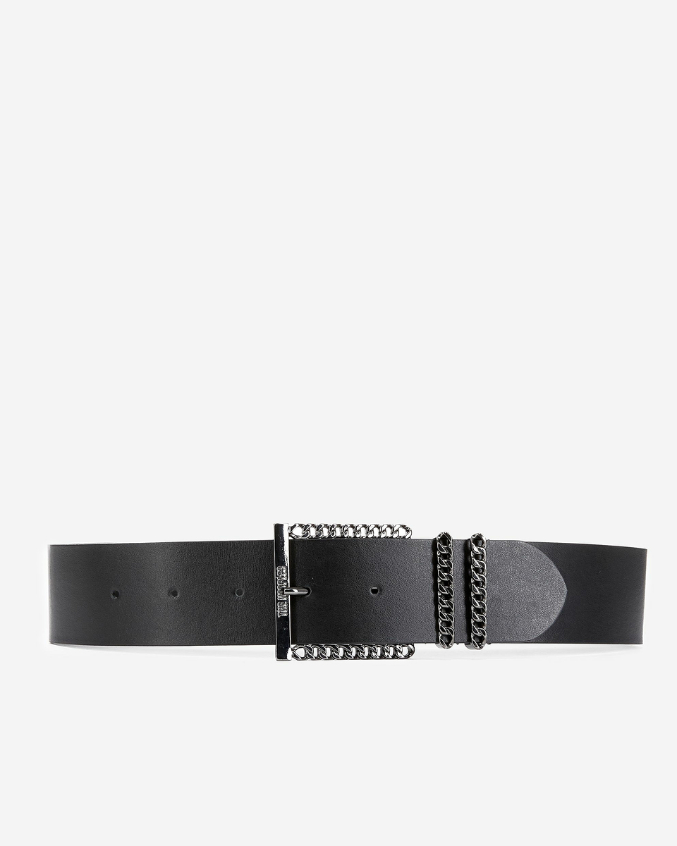 Leather belt with black chain buckle