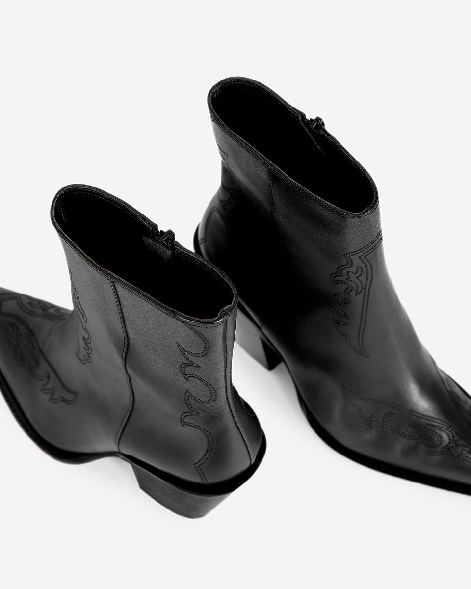 Black leather heeled ankle boots