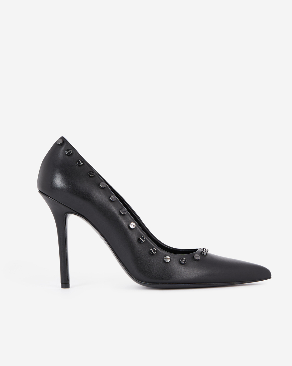 Black leather studded heeled pumps