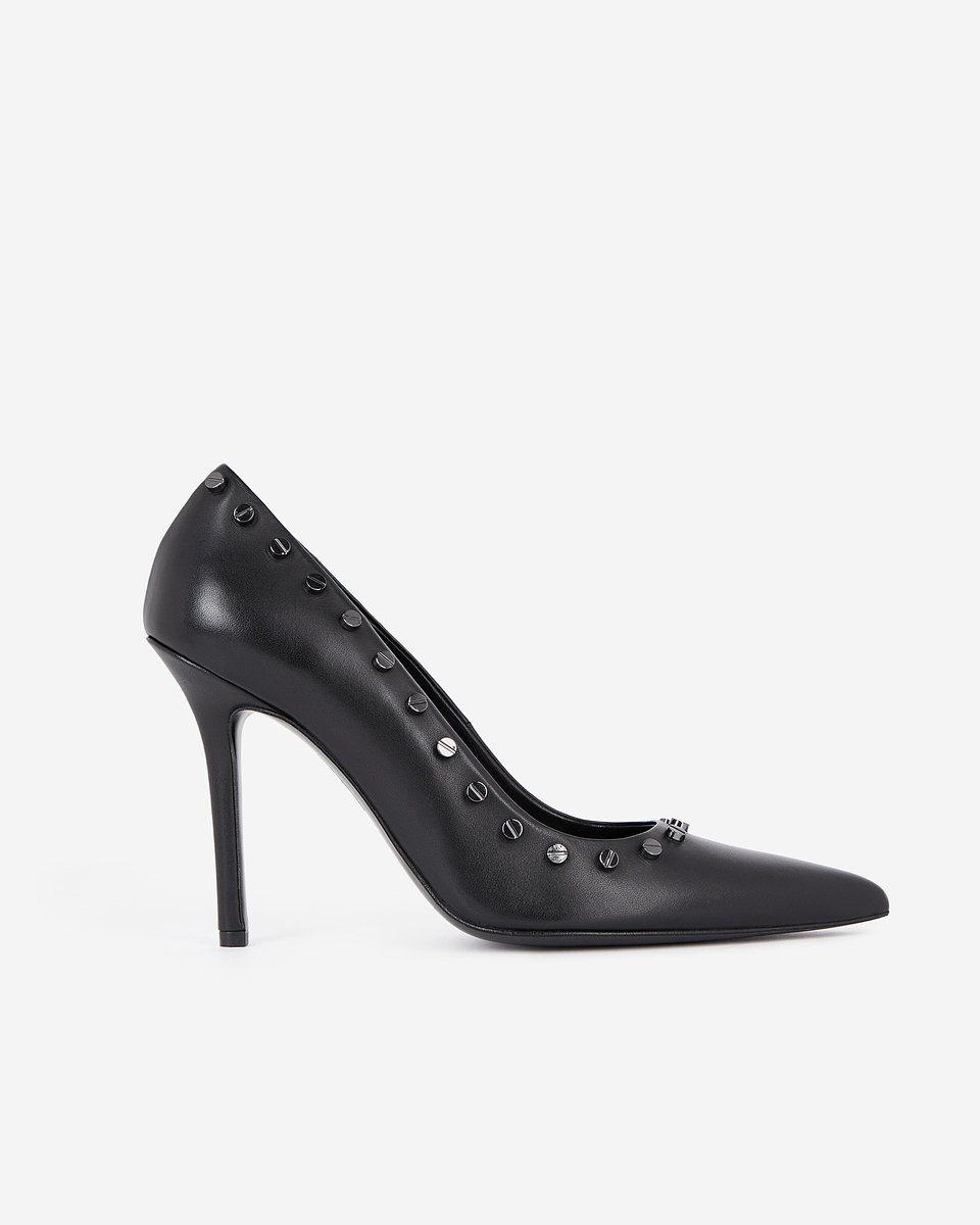 Black leather studded heeled pumps